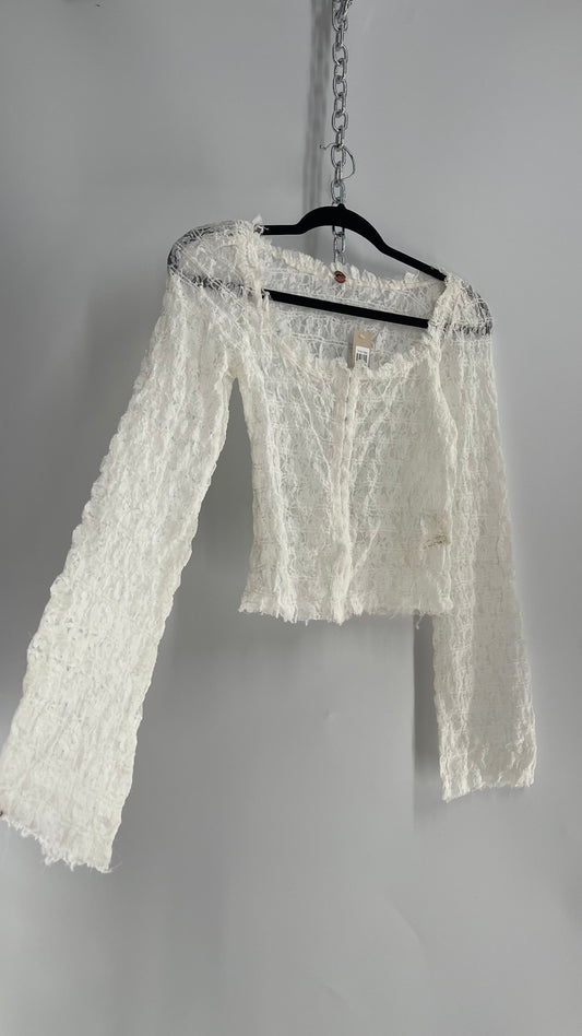 Free People White Smocked Lace Long Sleeve with Eyelet Closure (Large)