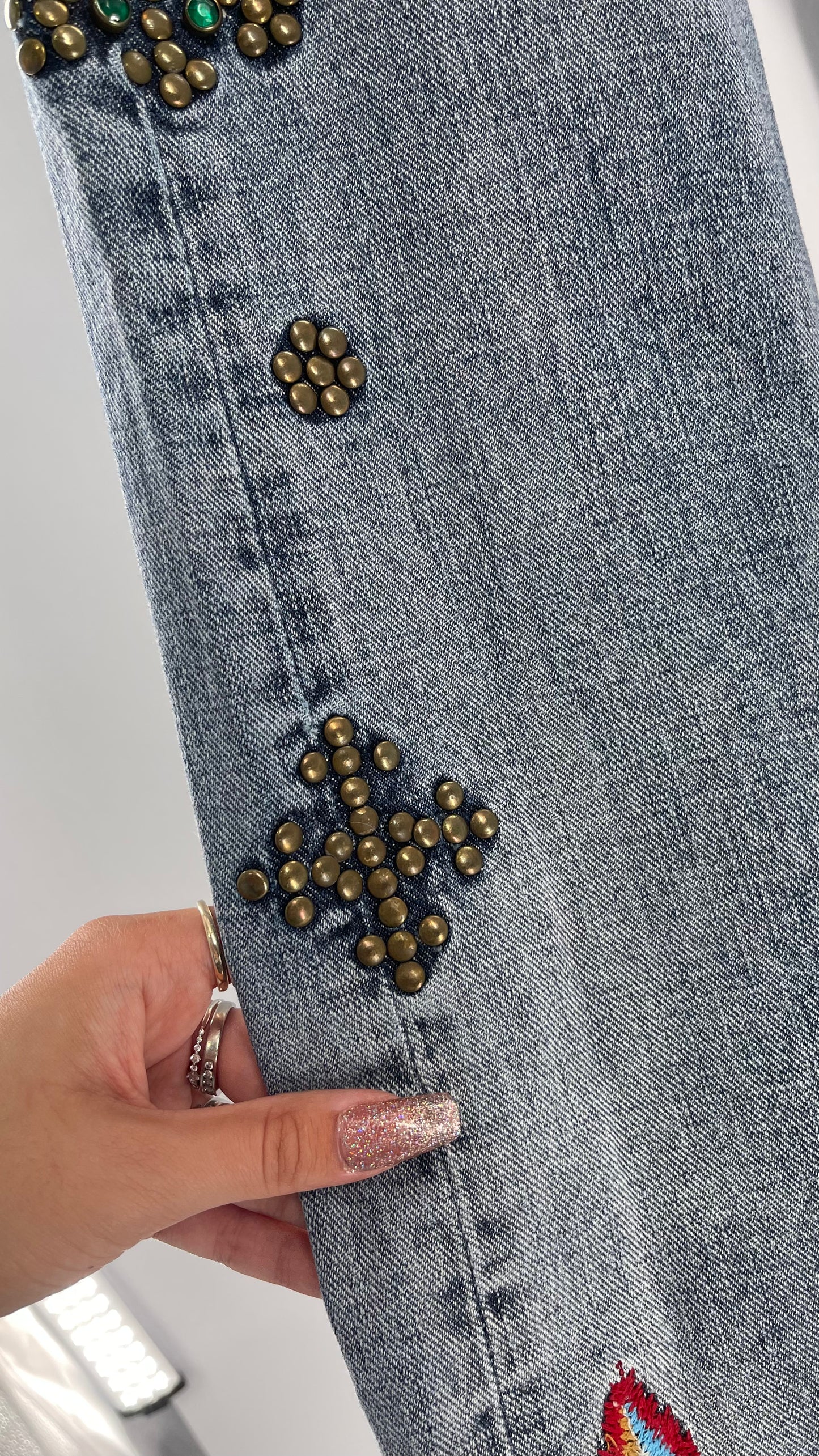 Western Denim Bank Light Wash Straight Legs with Gold/Bronze Metal Studs and Jewels (29)