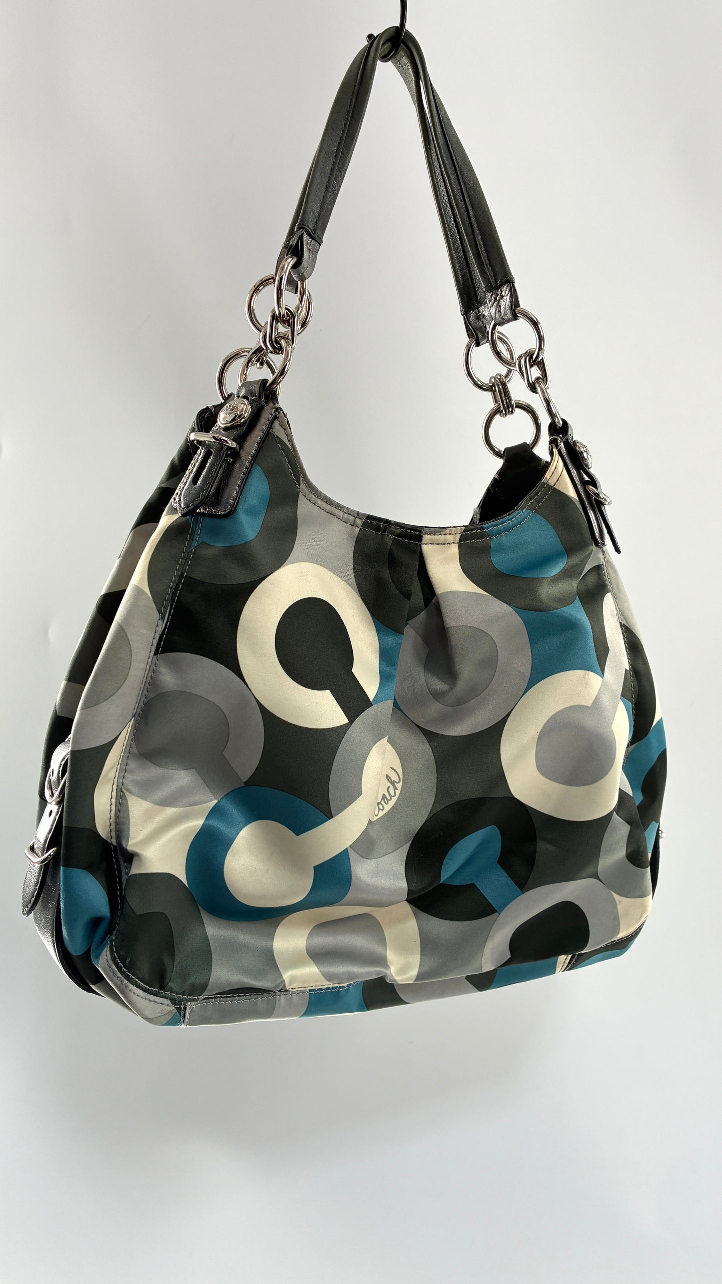 Vintage Maggie COACH Graphic Monogram Grey, Blue, Silver Shoulder Bag