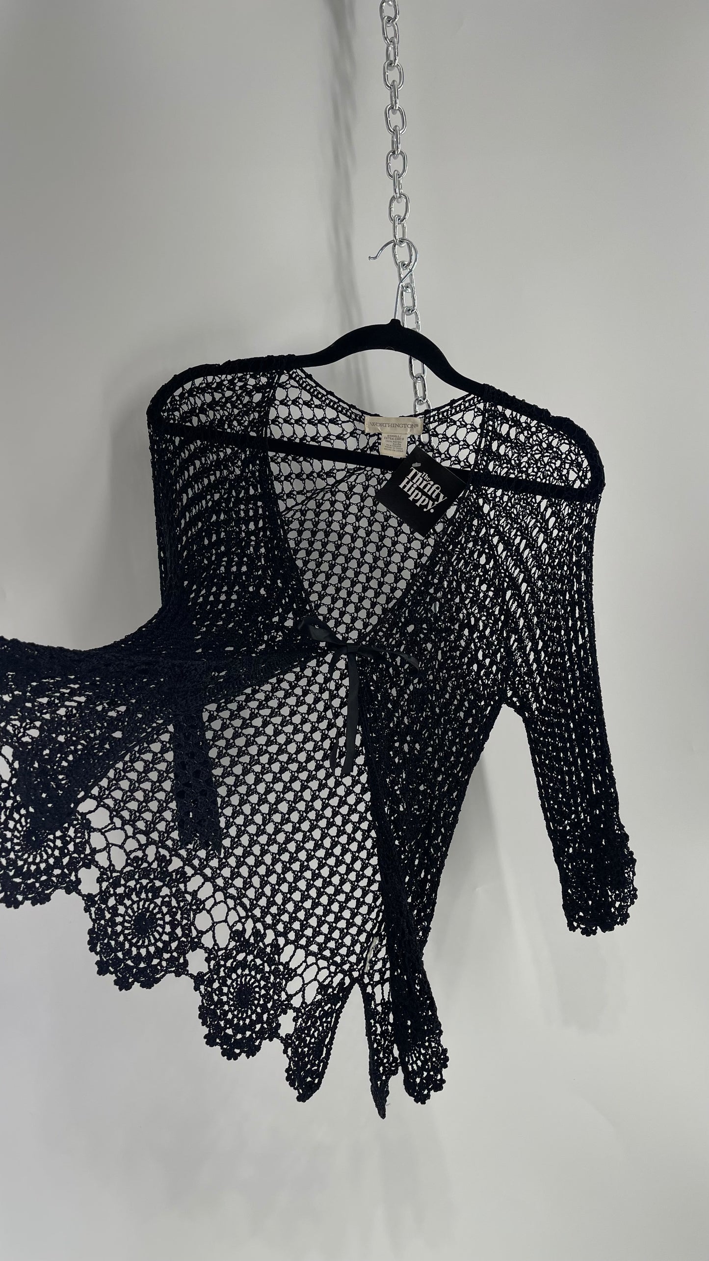 Vintage Black Crochet Slinky Top with Ribbon Bust Tie (XS)
