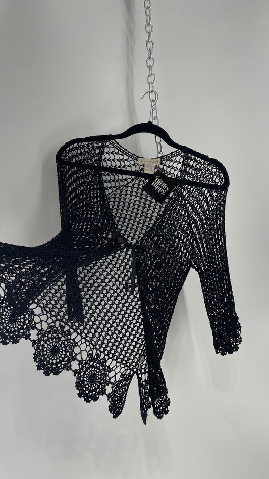 Vintage Black Crochet Slinky Top with Ribbon Bust Tie (XS)