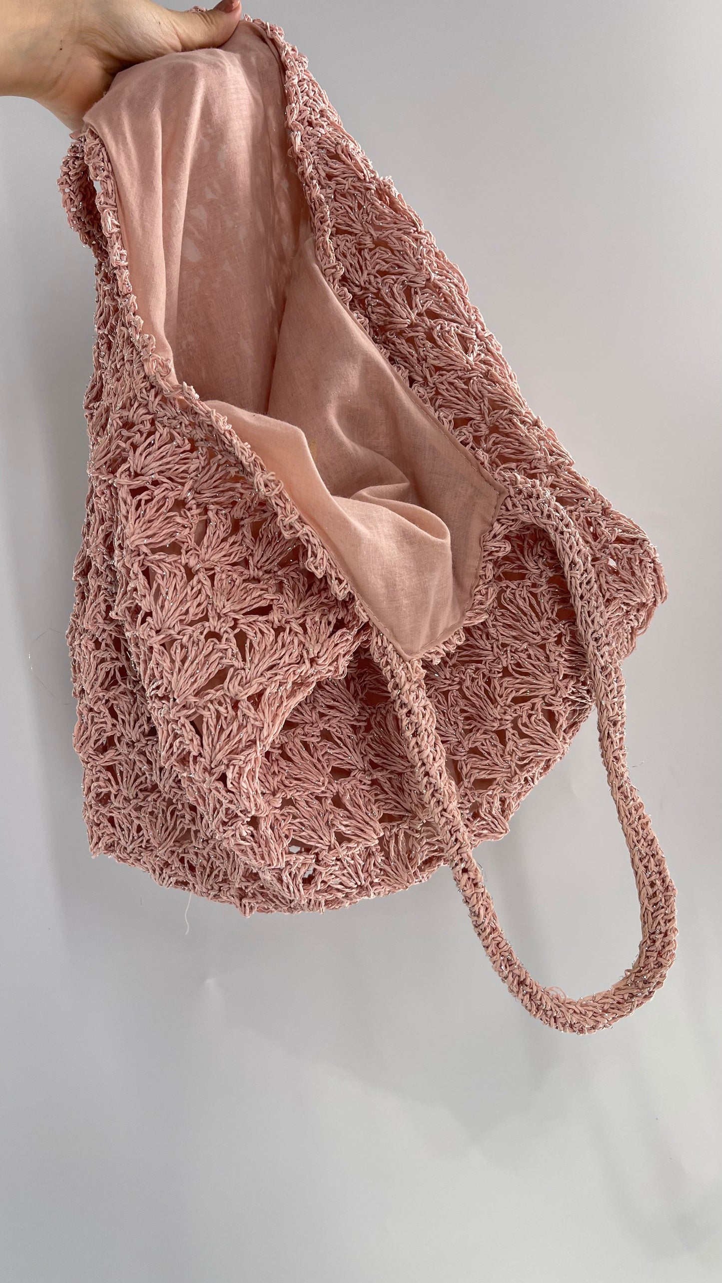 Urban Outfitters Baby Pink Straw Tote Bag with Silver Tinsel