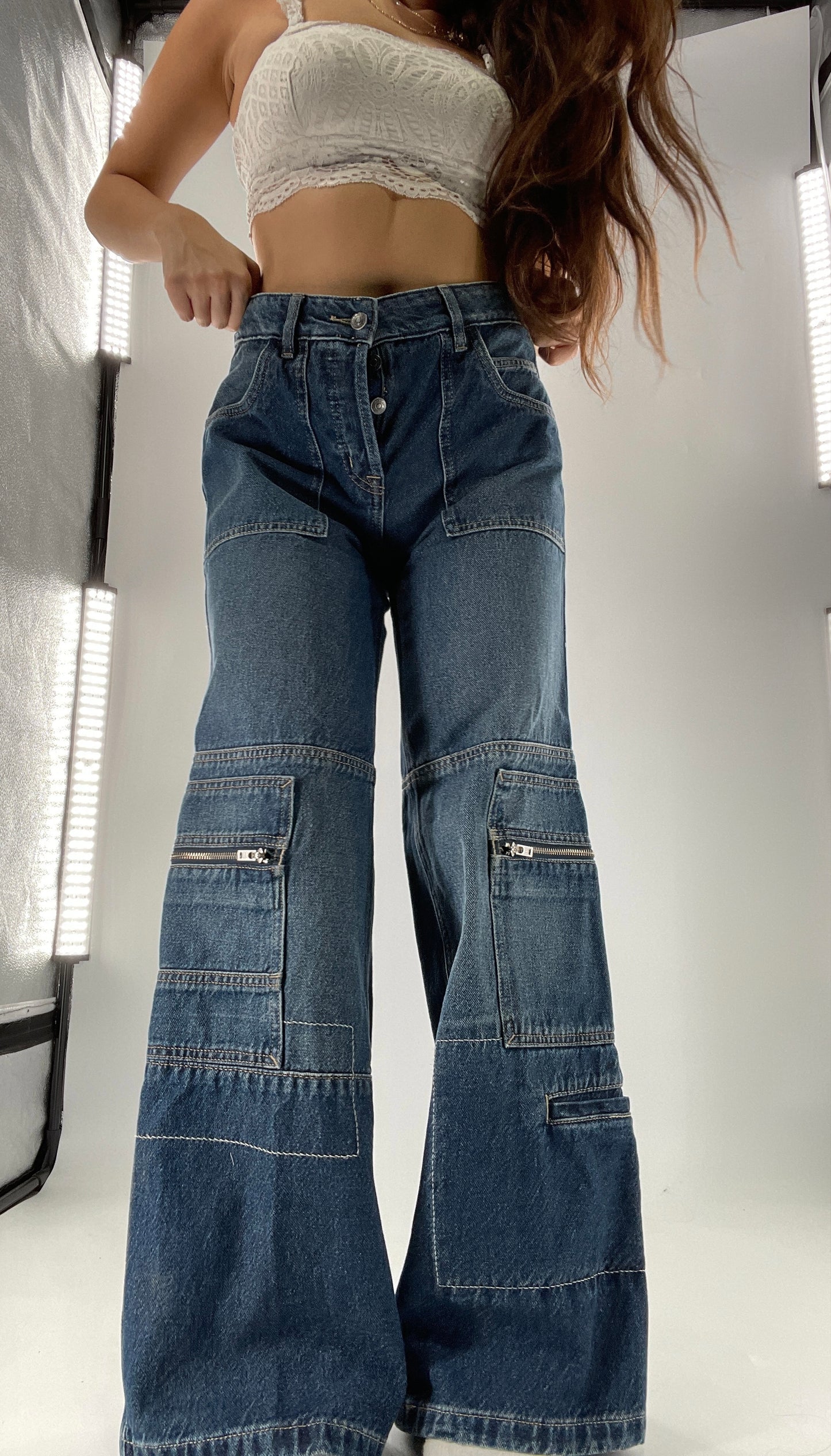 Free People Medium Wash Baggy Straight Legs Jeans Covered in Zippers, Pockets, Stitching (28)