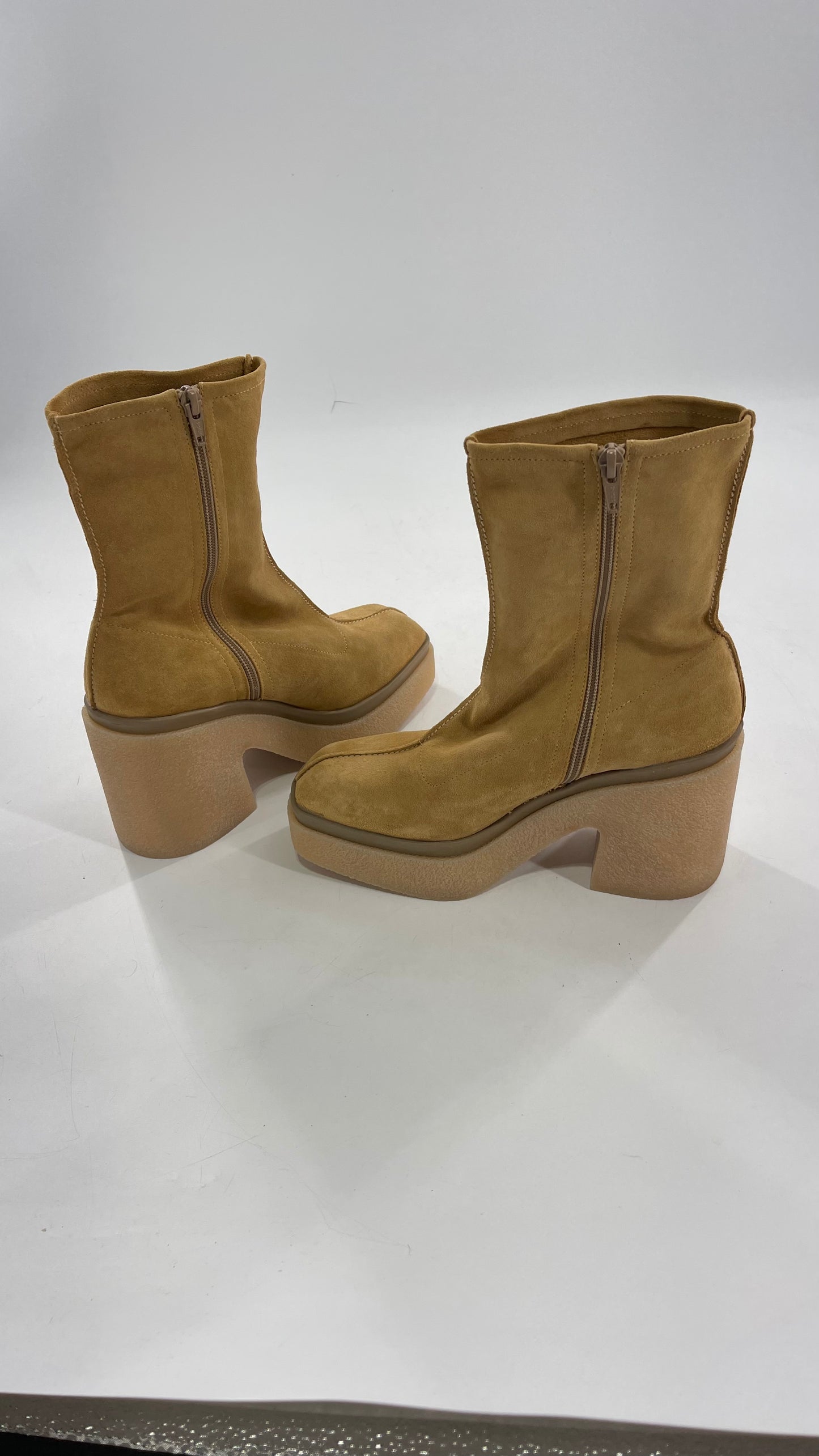 Free People Gigi Tan Suede Ankle Boots with Platform and Chunky Rubber Heel (38.5)