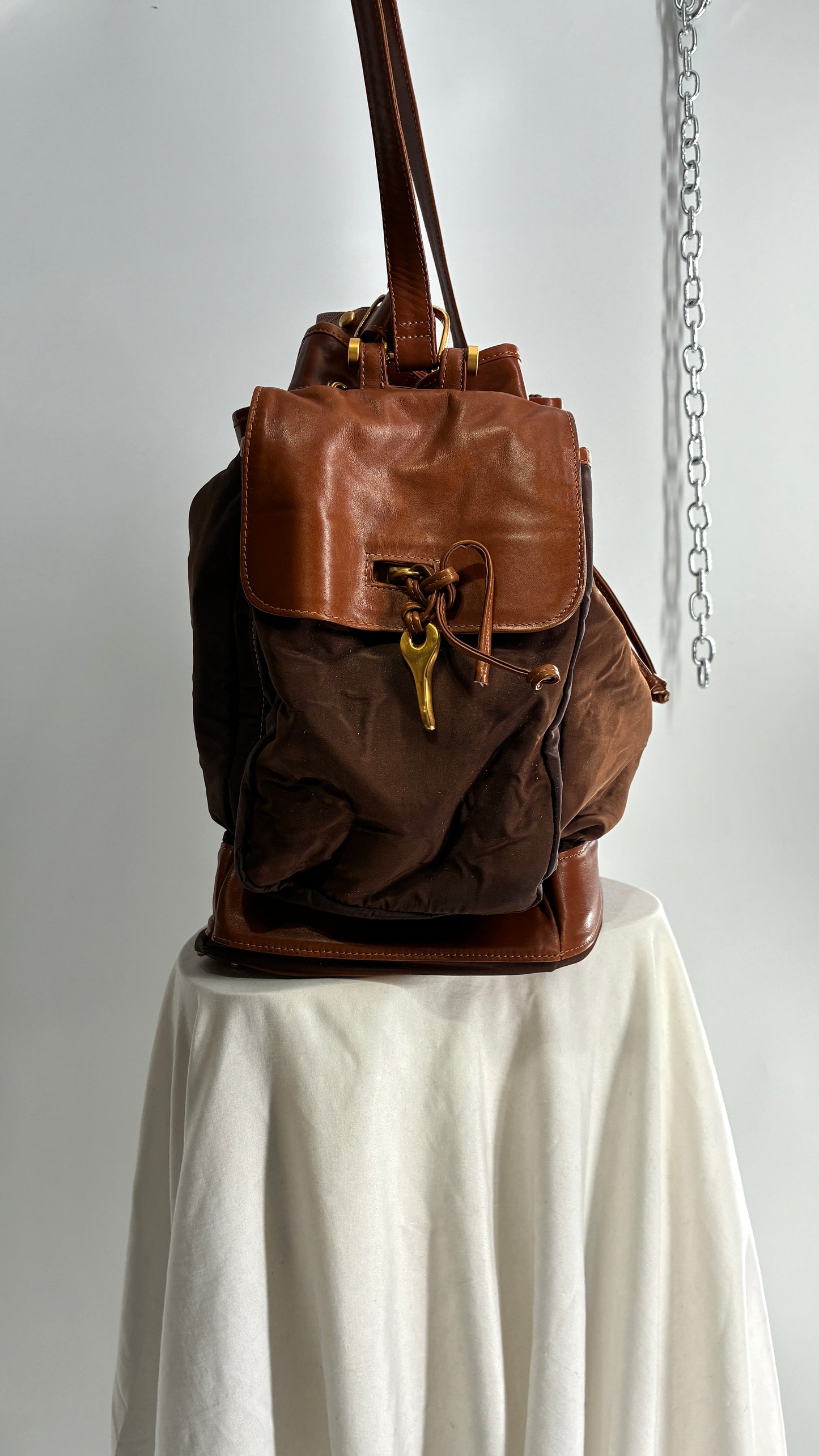 Vintage DONNA KARAN DKNY Oversized XL Brown Zip Front Bag with Leather Details