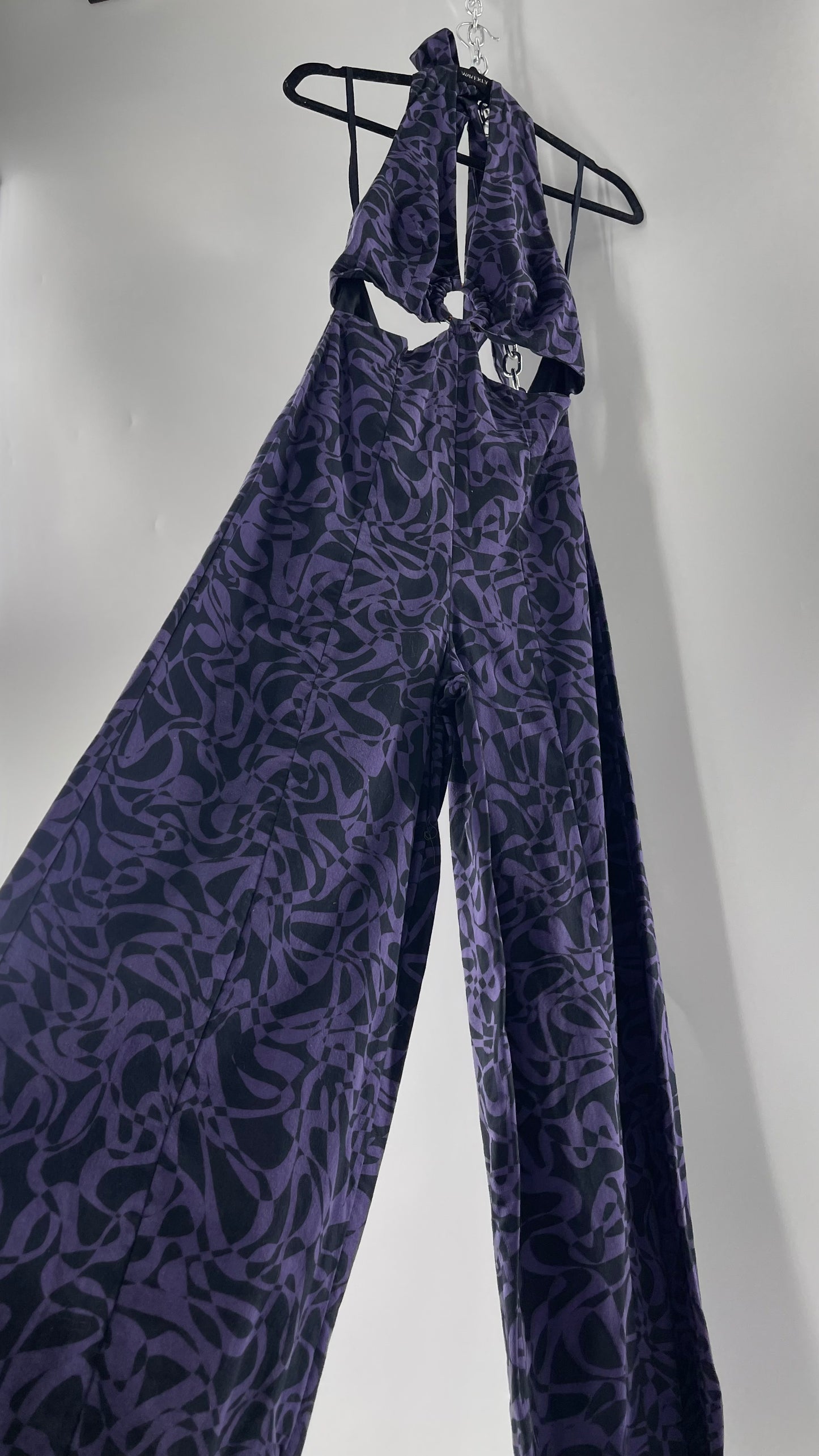 Free People Kira Retro Black and Purple Wide Leg Halter Jumpsuit with Tortoise Bust Loop (XS)