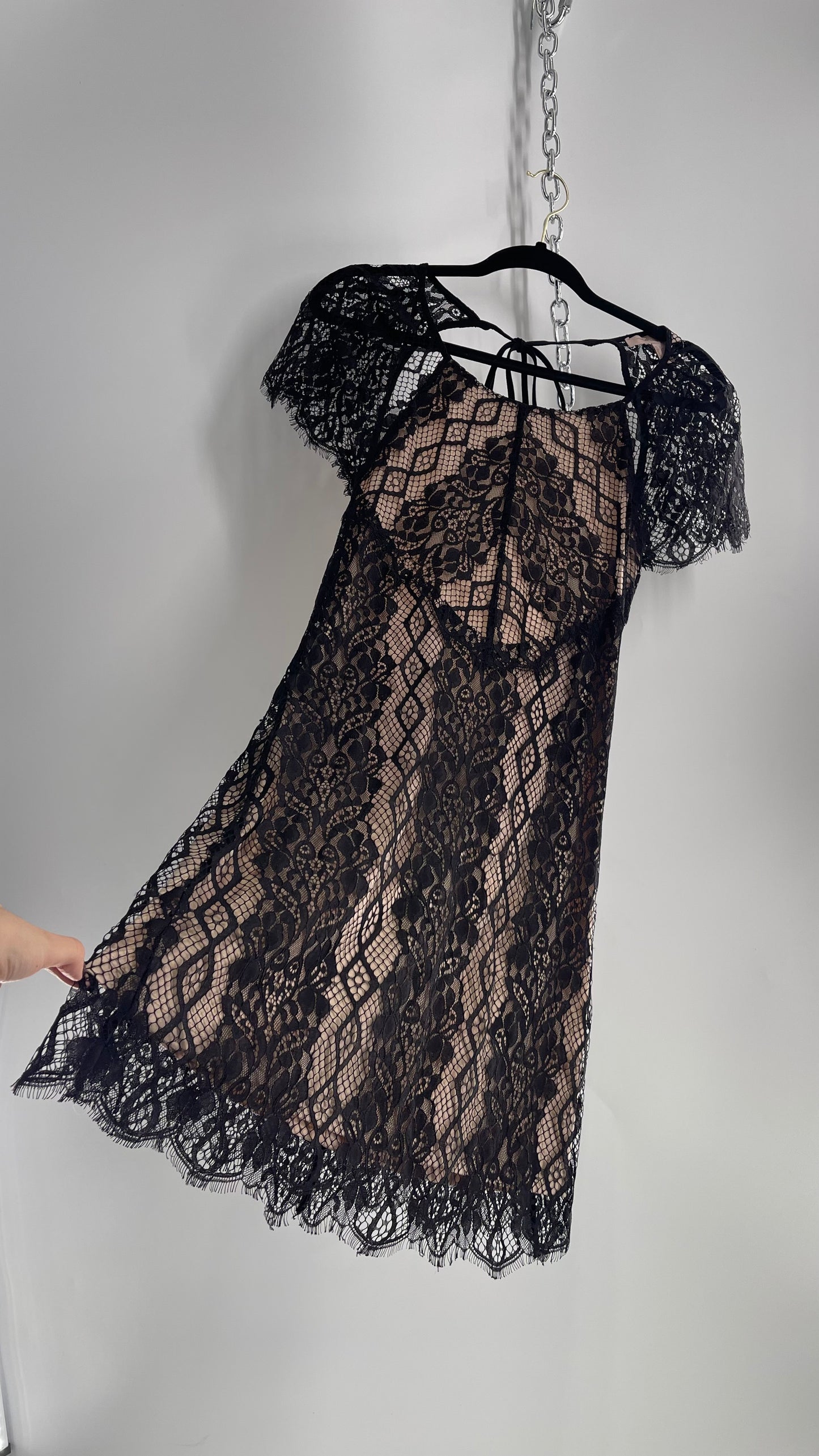 Backless Black and Nude Lace Mini Dress (S)