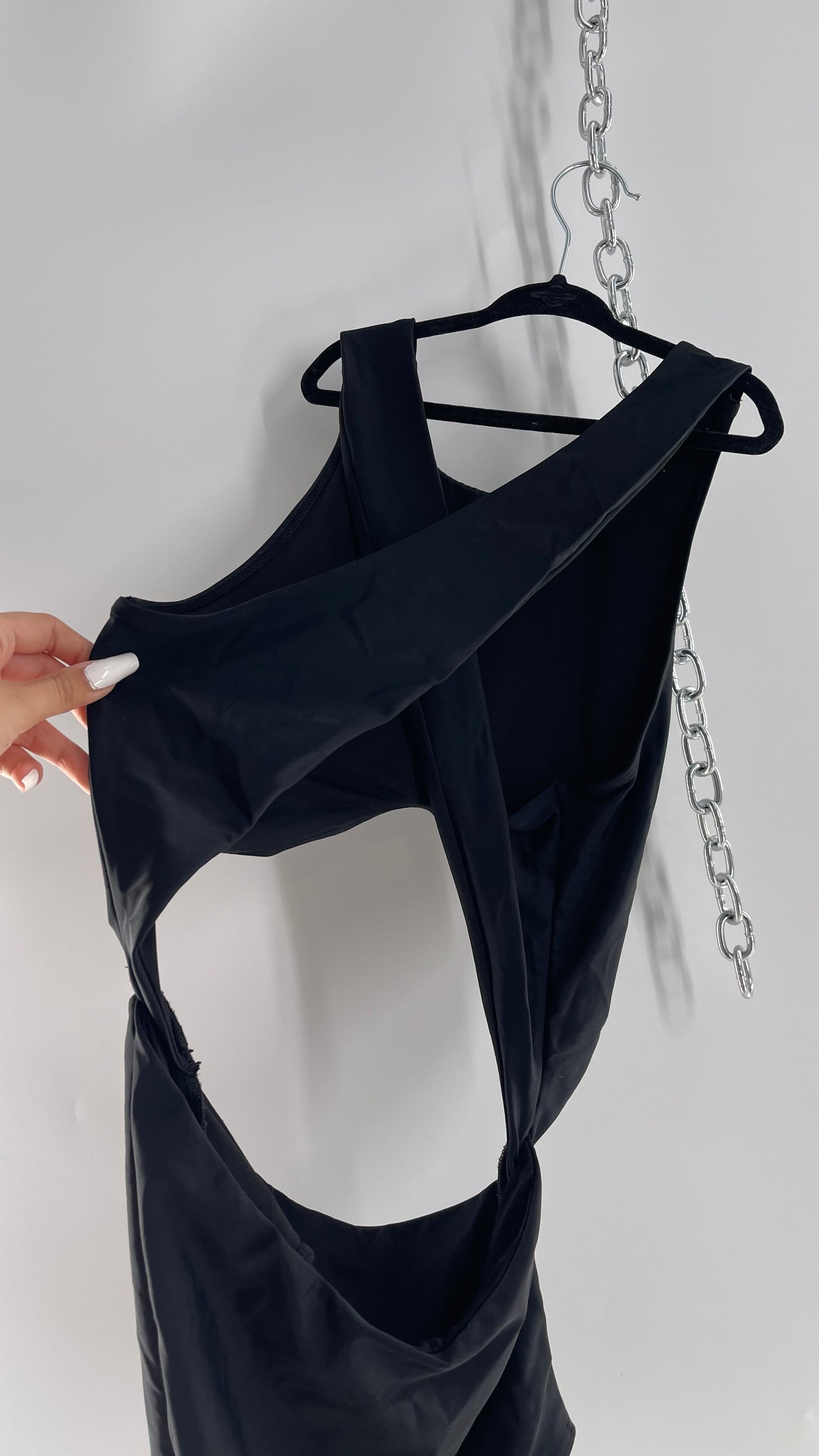 Lolli Swim Black Swimsuit with High Neck, Cross Over Back and Cut Outs (Medium)