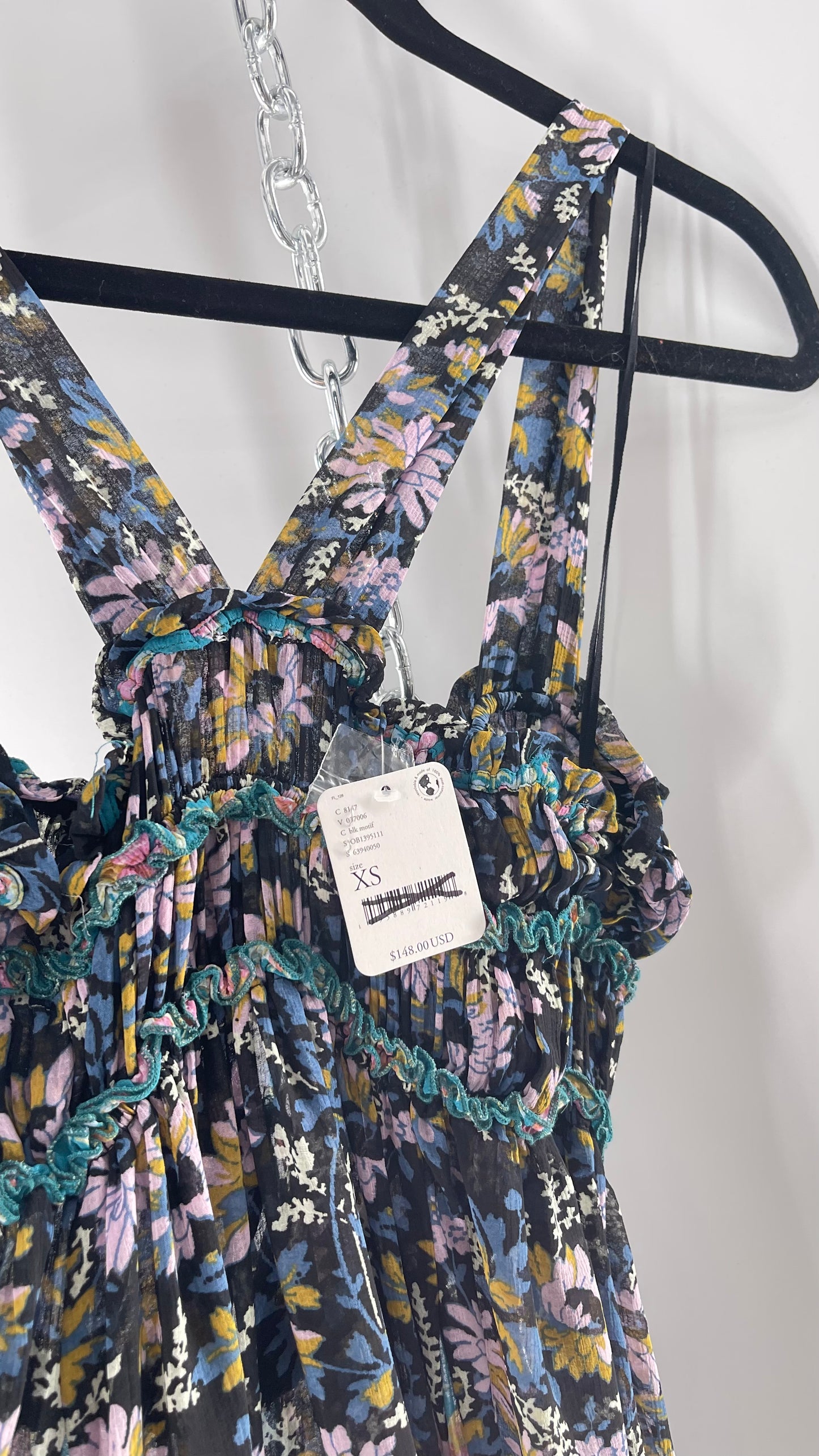 Intimately Free People Black and Teal Mixed Pattern Floral Maxi Dress with Tags Attached (XS)