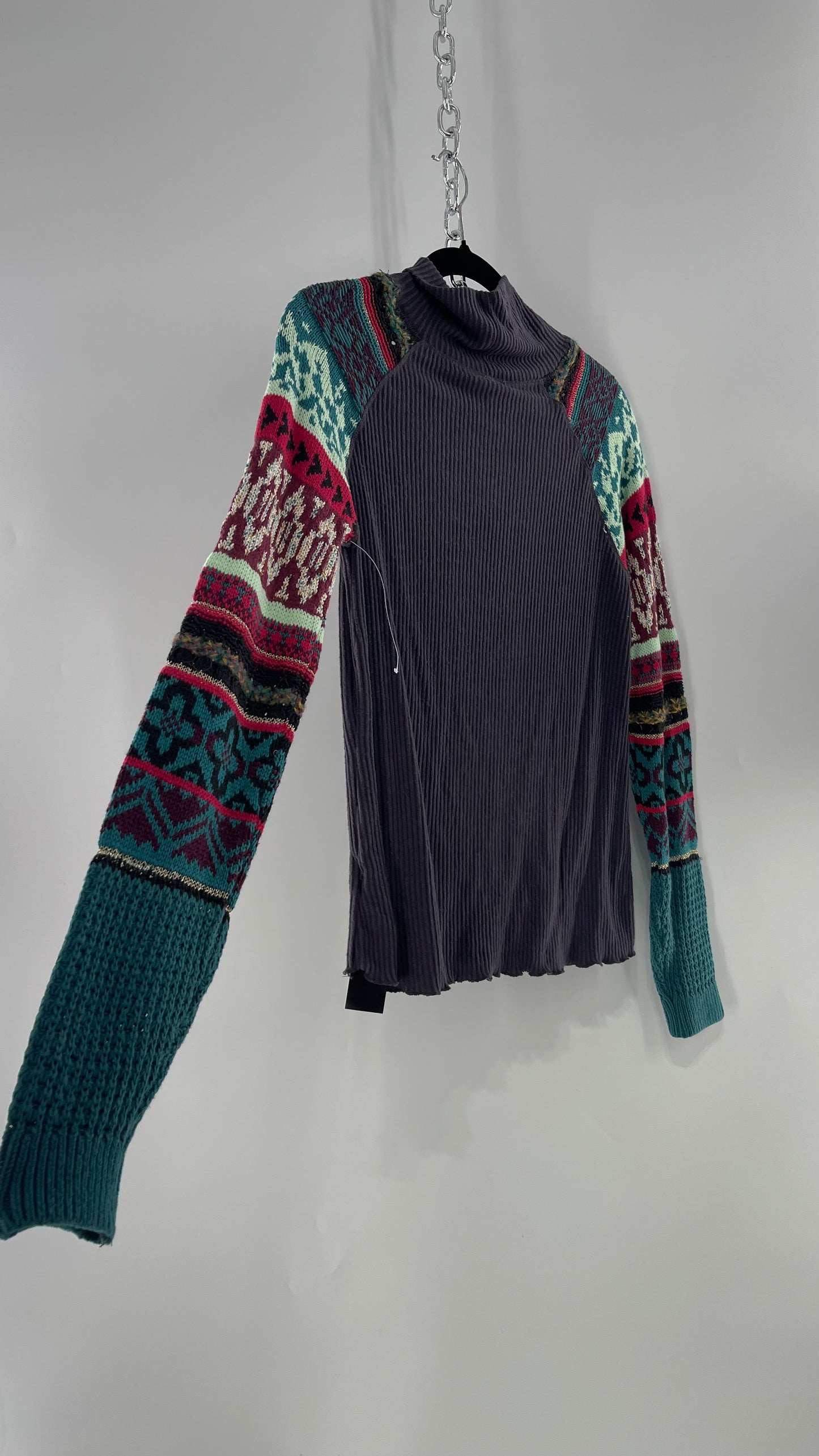 Free People Grey Cozy Knit with Colorful Patterned Knit Sleeves (Small)
