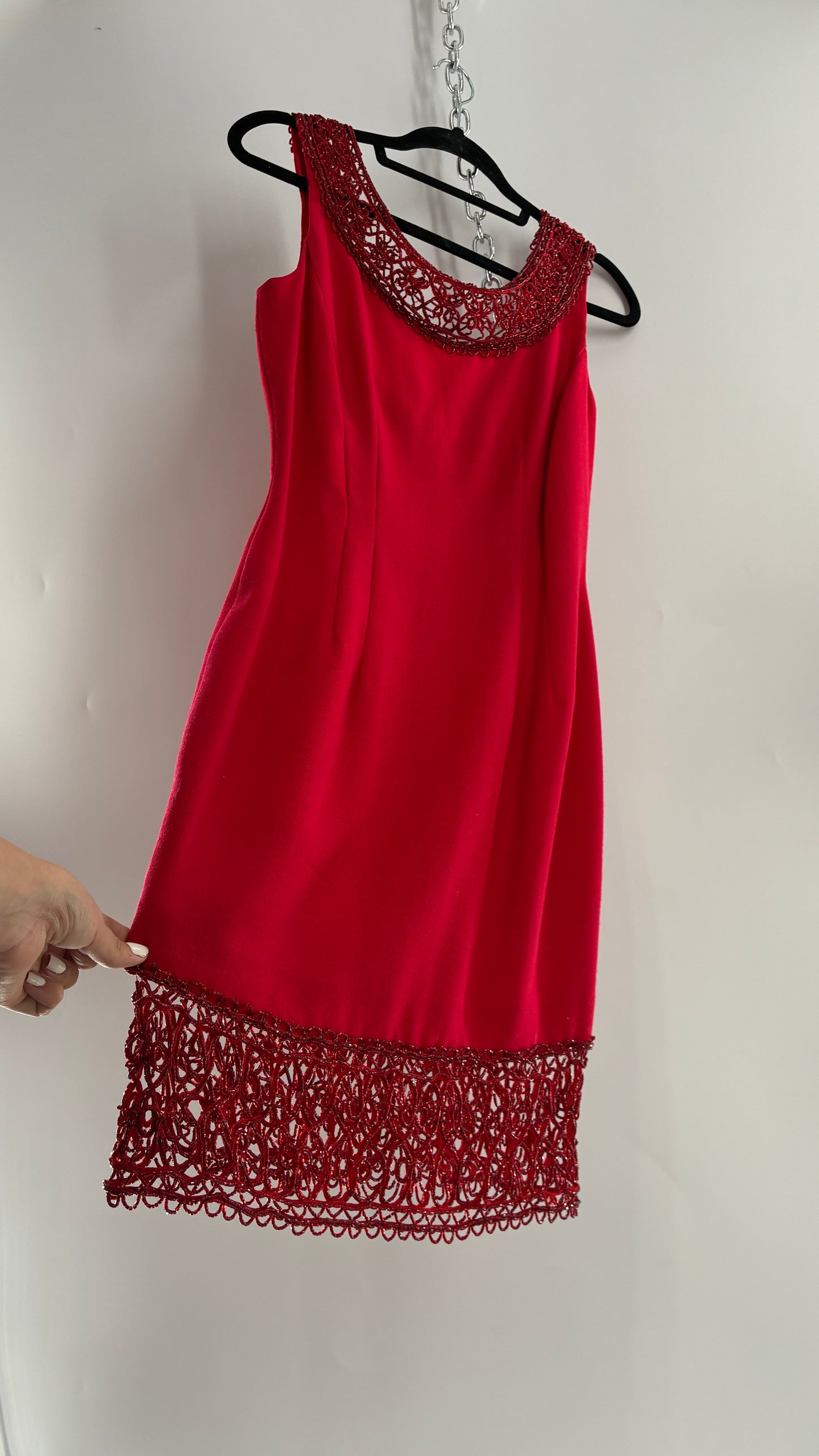Vintage CARMEN MARC VALVO Red 100% Fitted, Tailored Wool Dress with Beaded Hem and Neckline (6)
