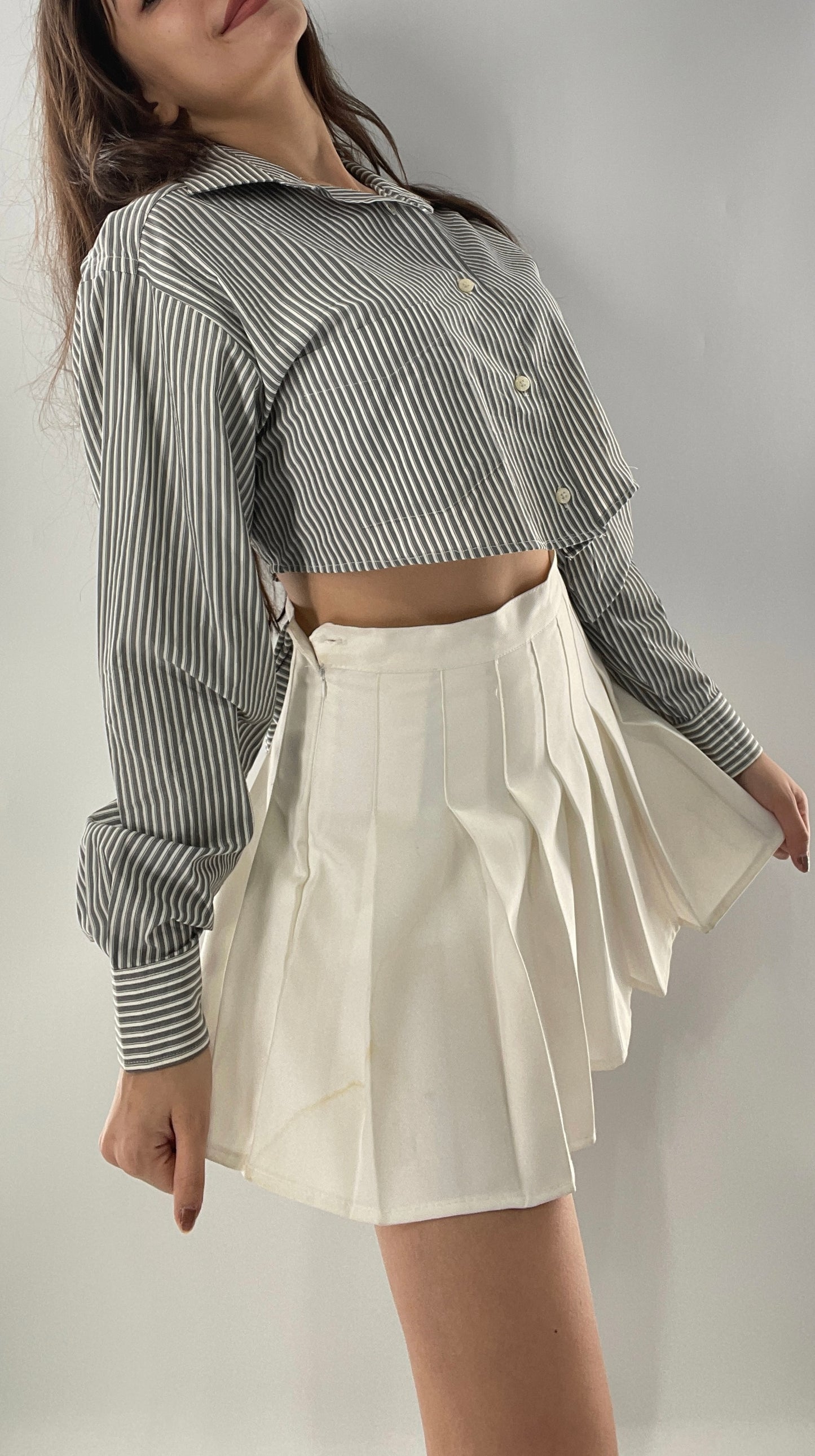 Vintage Reworked Button Front Backless Grey Blue Striped Blouse (One Size)