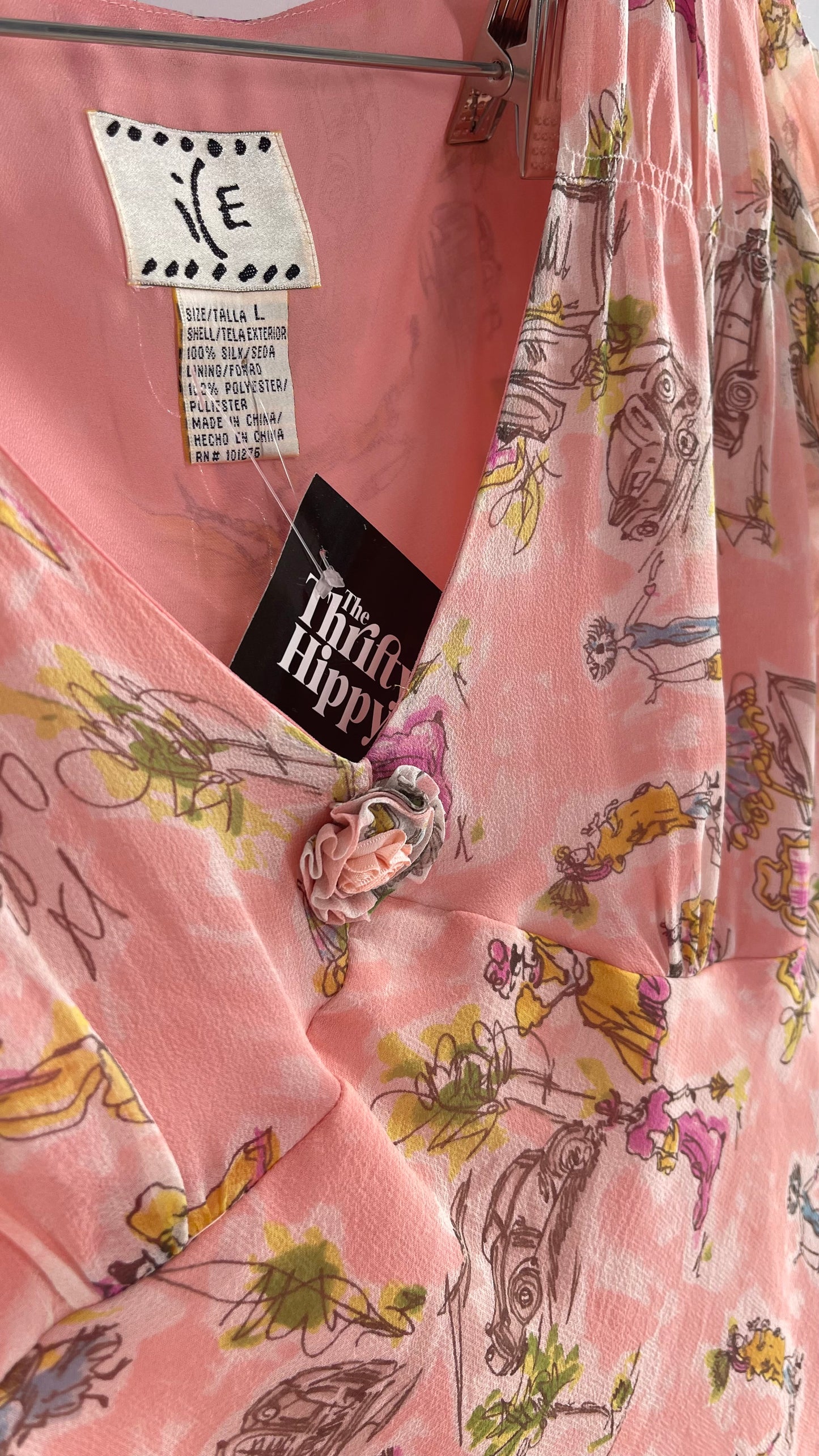 Vintage 1990s RARE i(E Femme Sketch 100% Silk Pink Blouse with Rosette Bust Detail (Large)