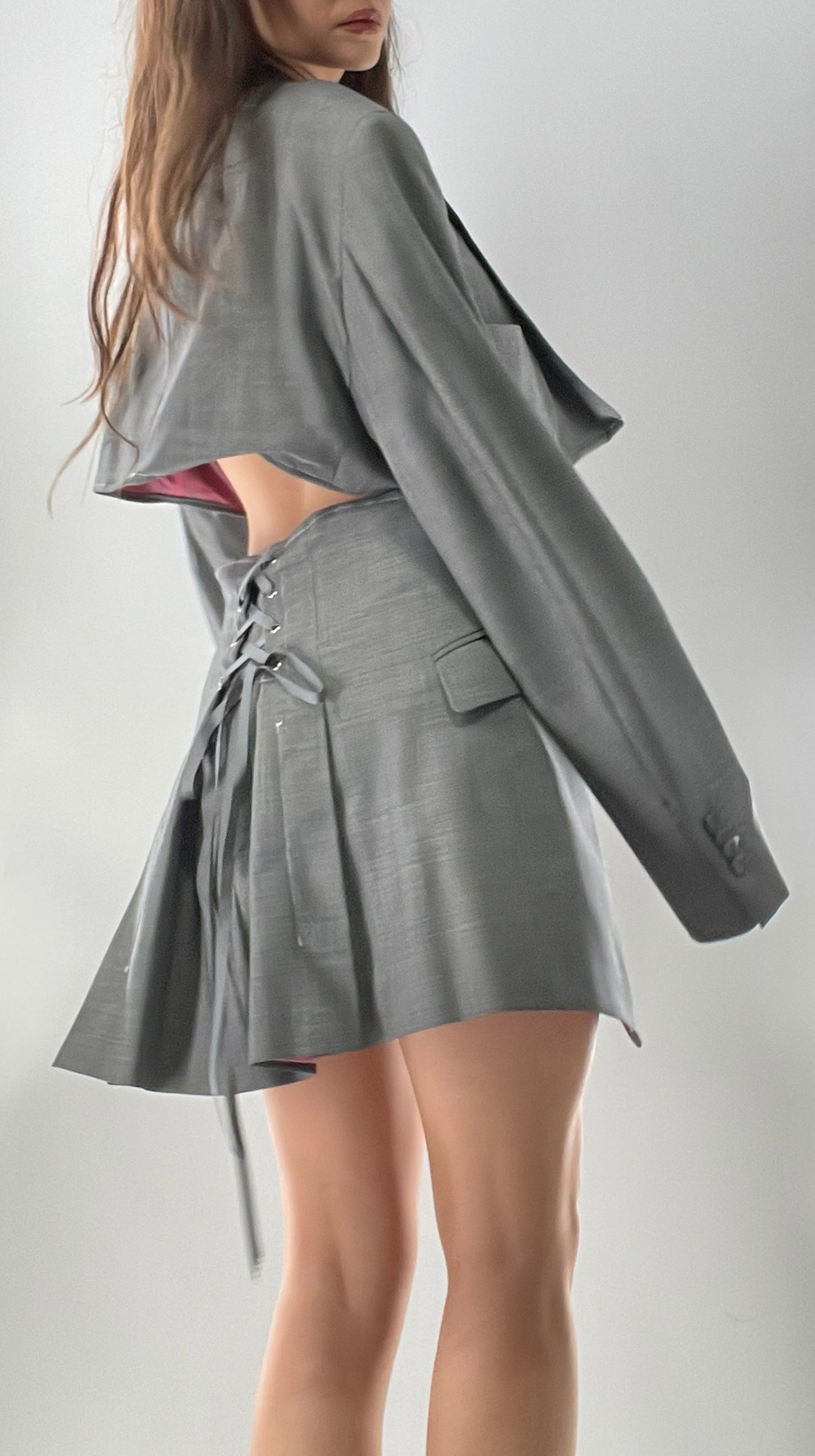 Custom Handmade Gray 2Piece Suit Set with Pink Satin Lining, Cropped Blazer, and Corseted Skirt (S-L)