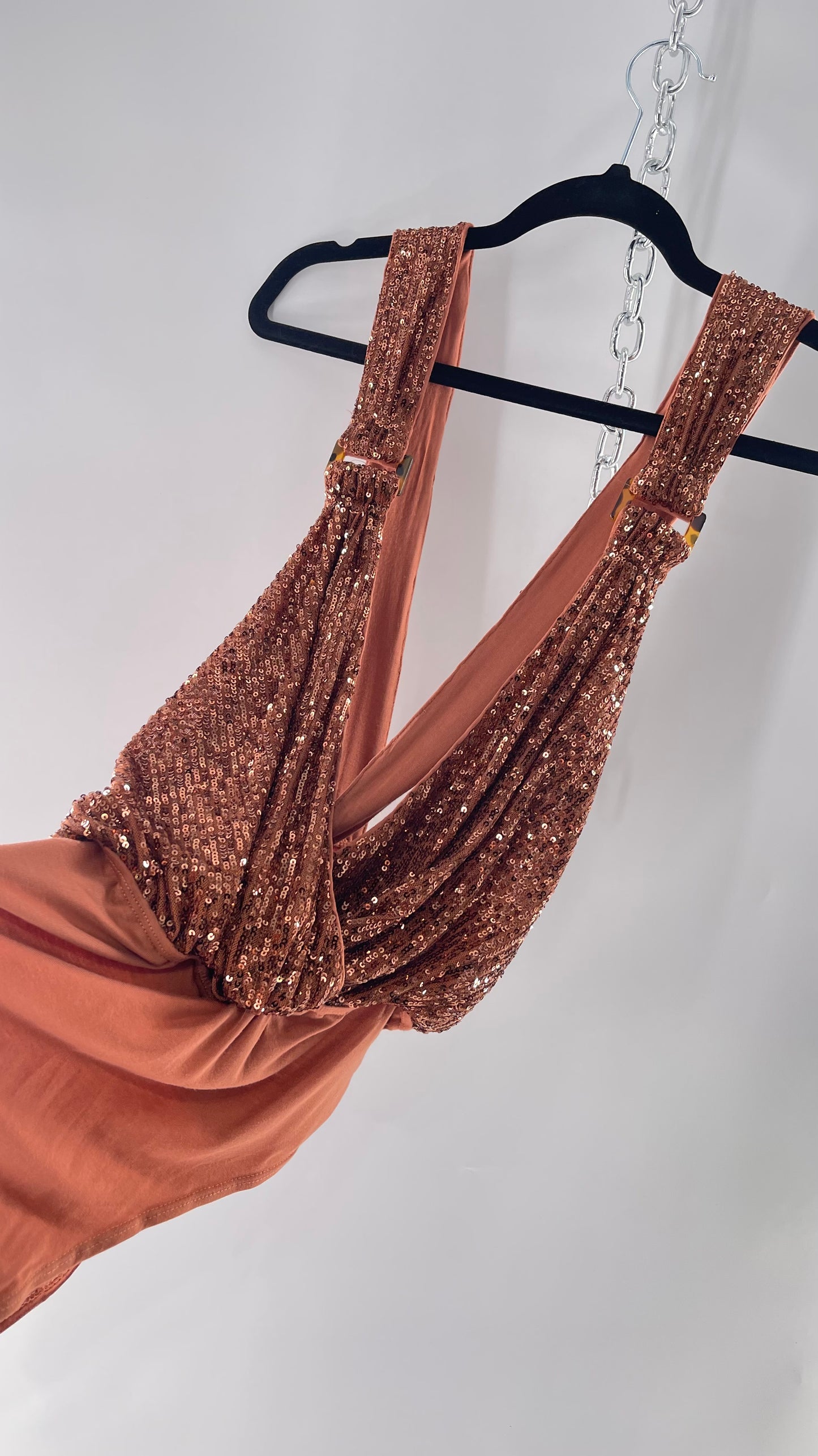 Free People Copper Sequin Draping Bodysuit with Tortoise Shell Buckle Detail (Medium)