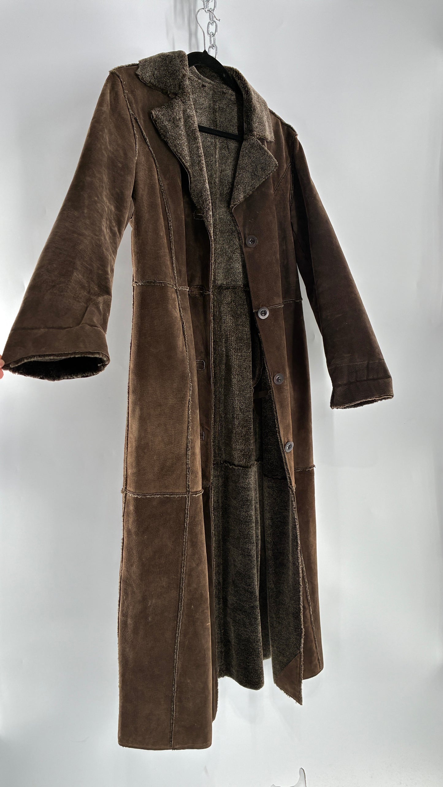 Vintage WINLIT Brown Full Length Paneled Suede Leather Coat (Small)
