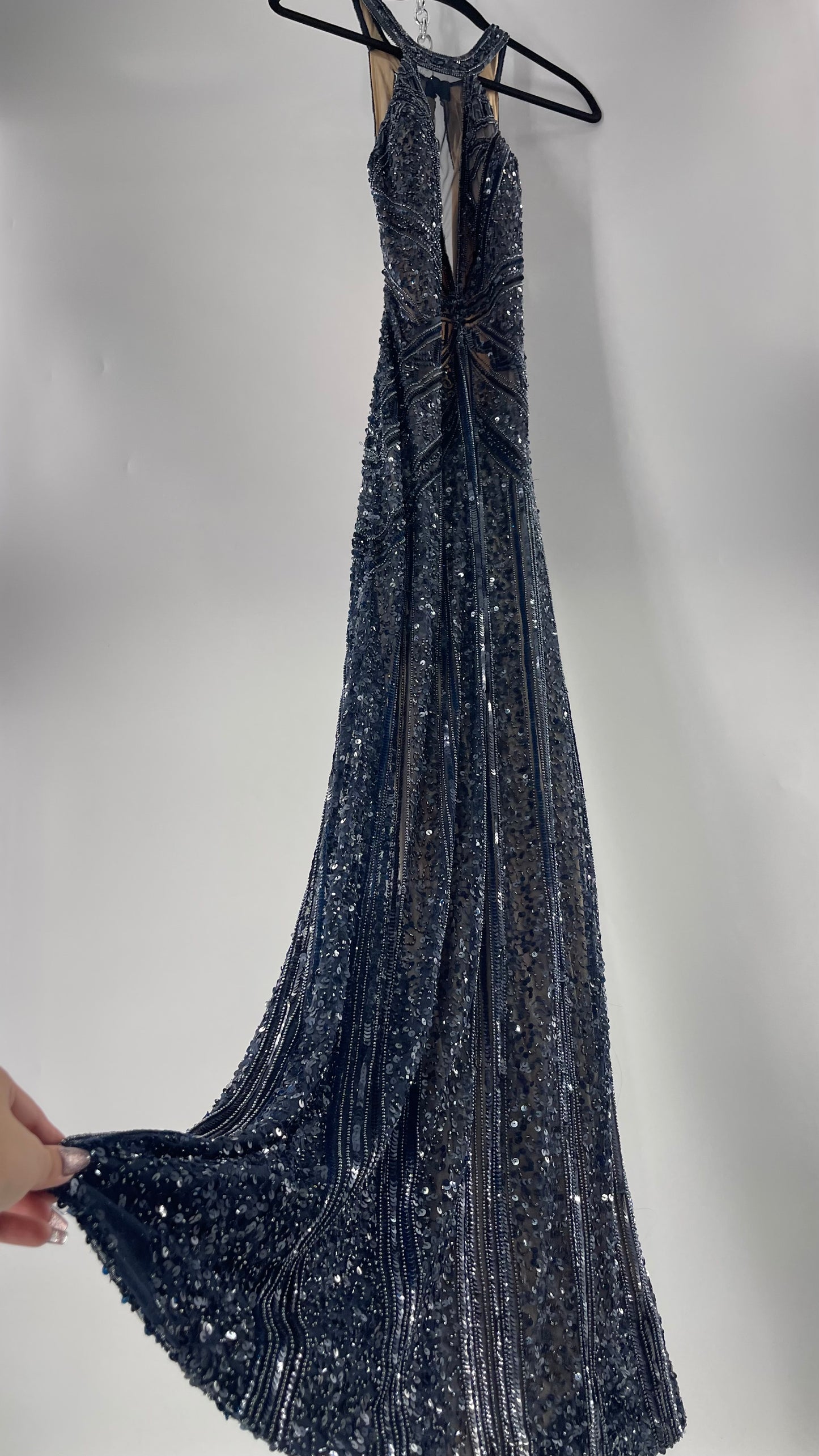Vintage SCALA Navy Blue Beaded Floor Length Gown with Plunging Neckline, Backless Detail, and Tan Underlay (C)(4)