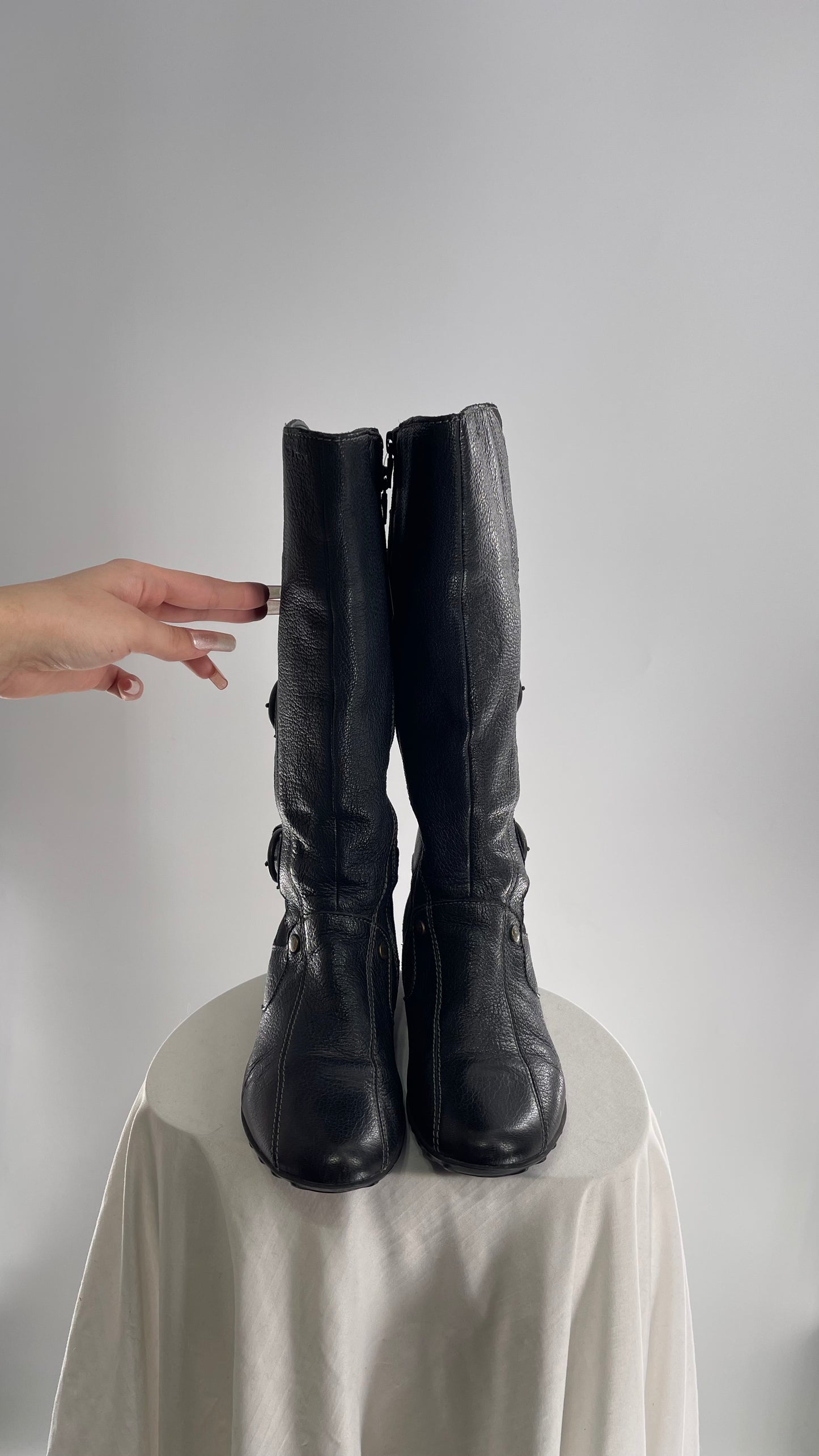 GEOX Black Leather Buckle Knee High Boots