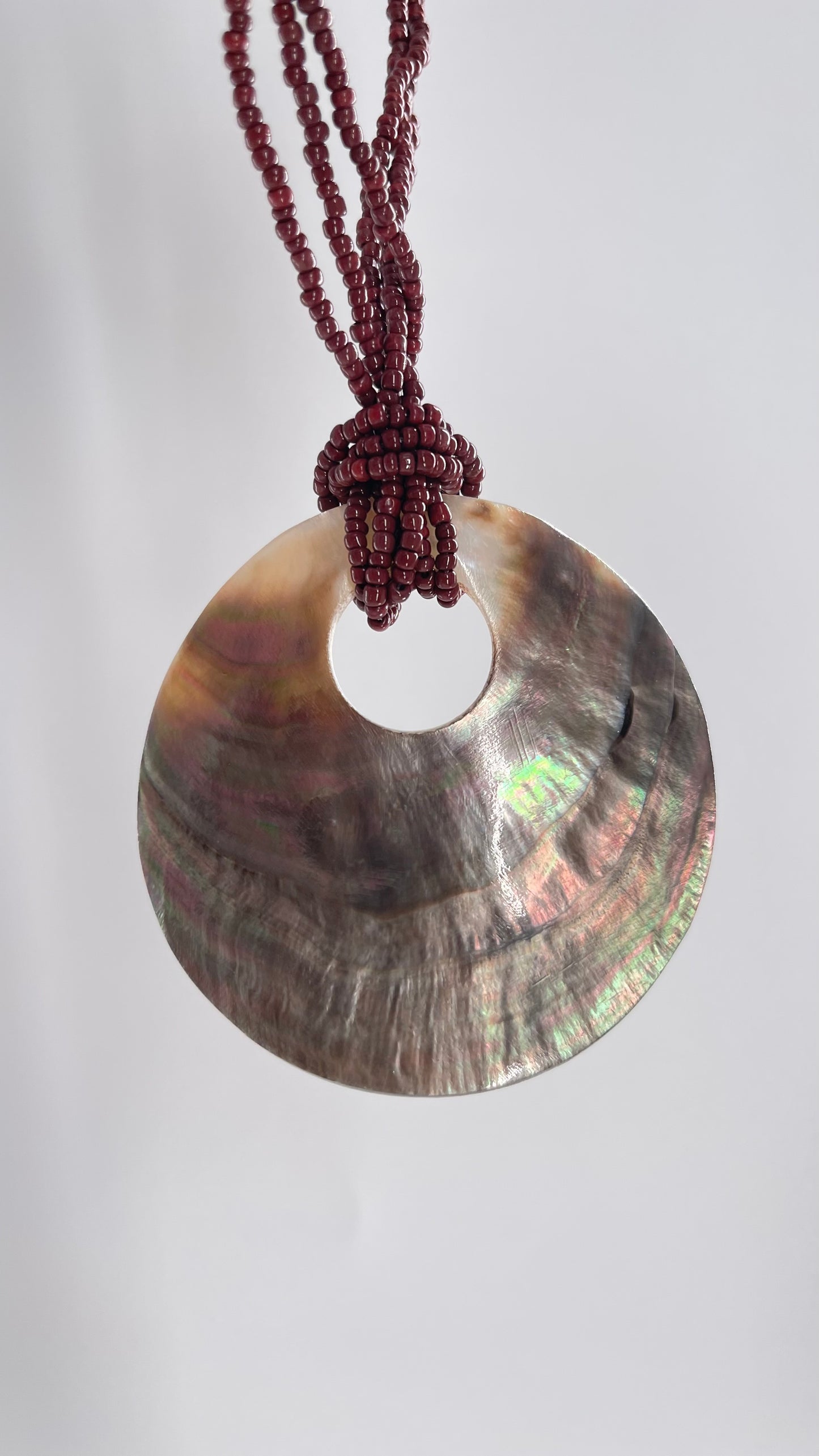 Vintage 1990s Burgundy Beaded Choker with Statement Iridescent Shell Pendant