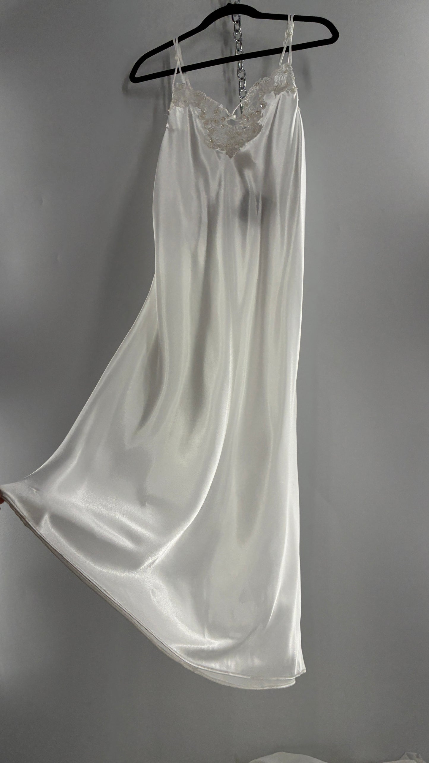 Vintage California Dynasty White Glossy, Silky Night Gown Style Dress with Sequined Lace Bustline (Small)