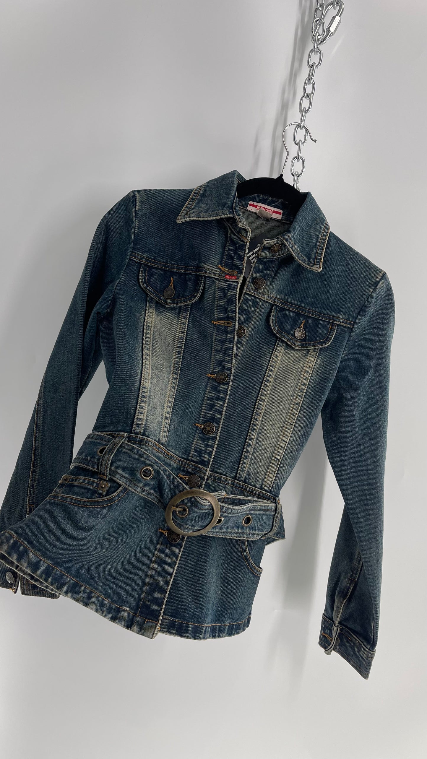 Vintage Madame Denim Culture Medium Wash Fade Jacket with Waist Belt and Back Pocket Details (Medium)