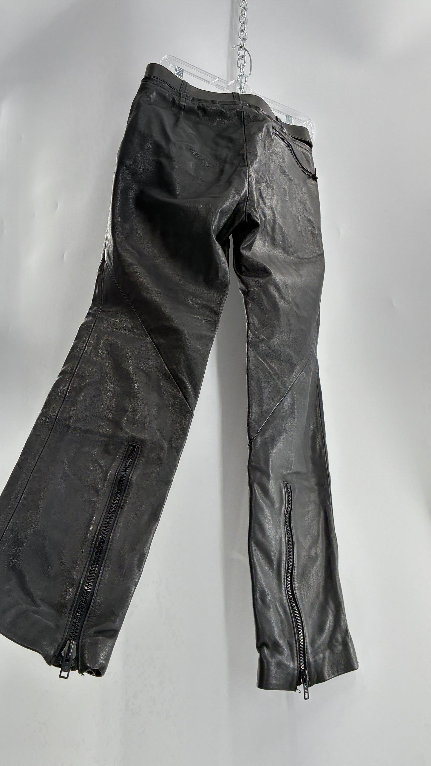 Vintage Black Italian Leather Motorcycyle Pants with Built In Belt and Zipper Detailing (XS)