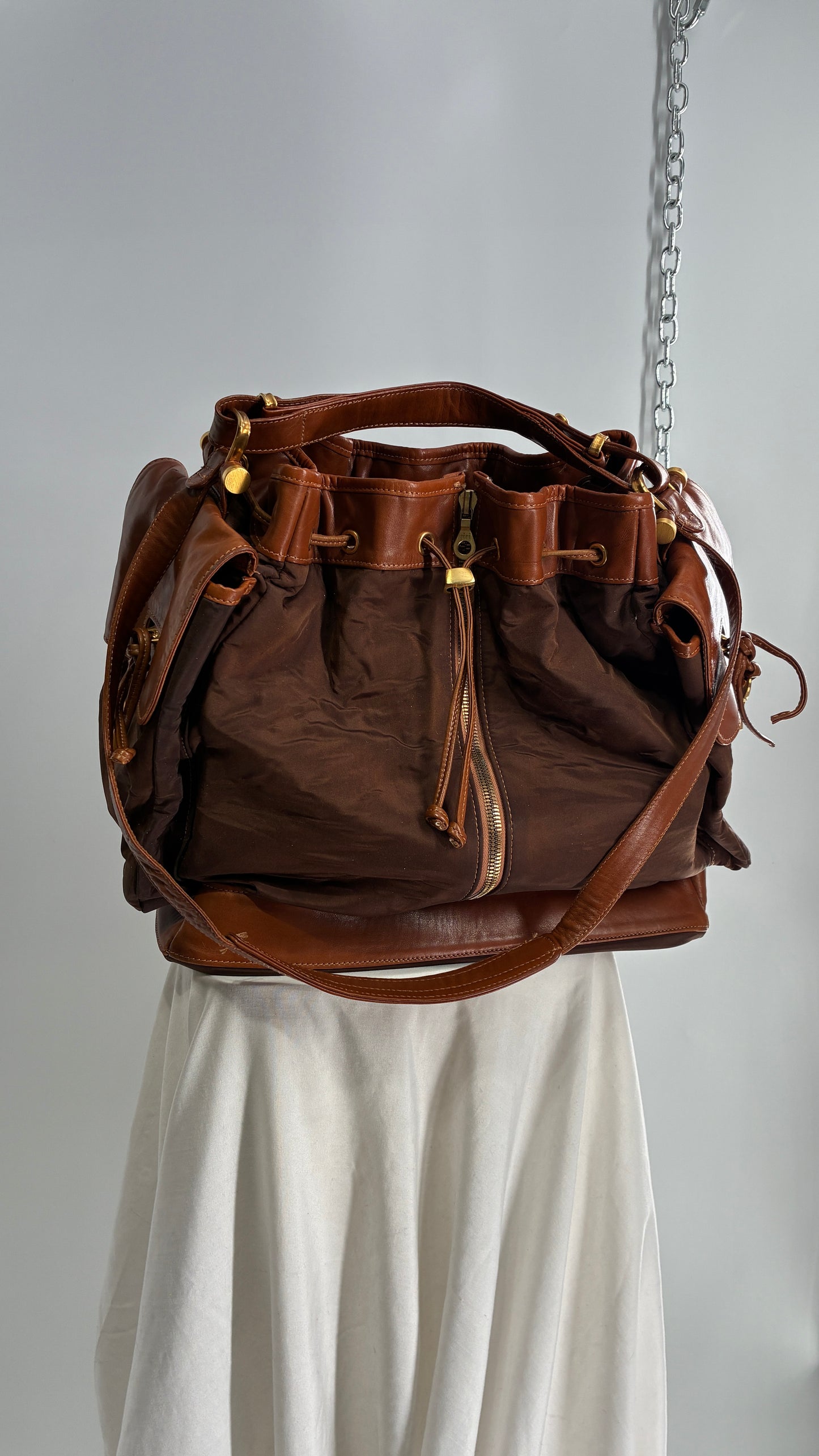 Vintage DONNA KARAN DKNY Oversized XL Brown Zip Front Bag with Leather Details