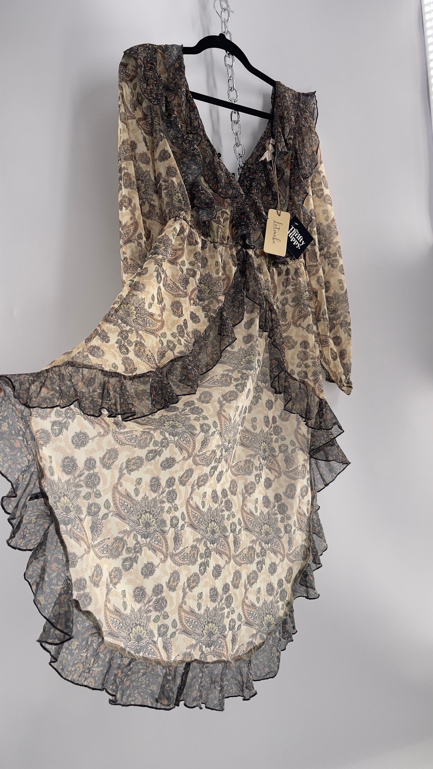 Free People Let Me Be Paisley Dual Toned High Low Sweeping Cape with Ruffled Bust and Hemline with Tags Attached (Small)