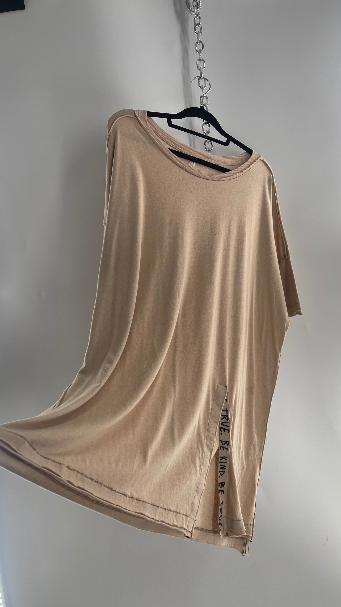 Free People Movement Oversized Light Beige Short Sleeve T-Shirt with Slit Embroidered Detail (Size XS)