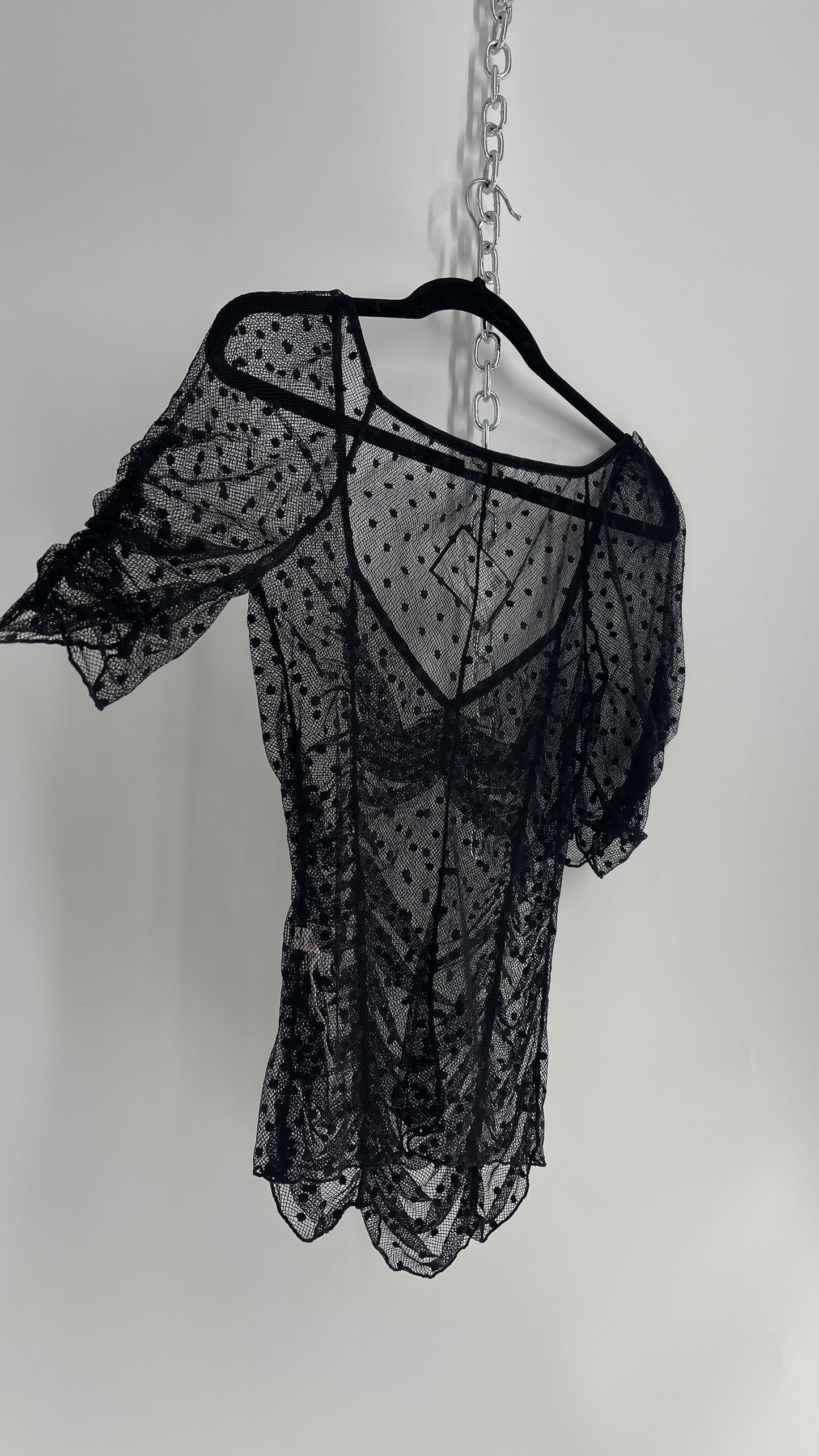 Intimately Free People Black Mesh Polka Dotted Puff Sleeve Blouse (Small)