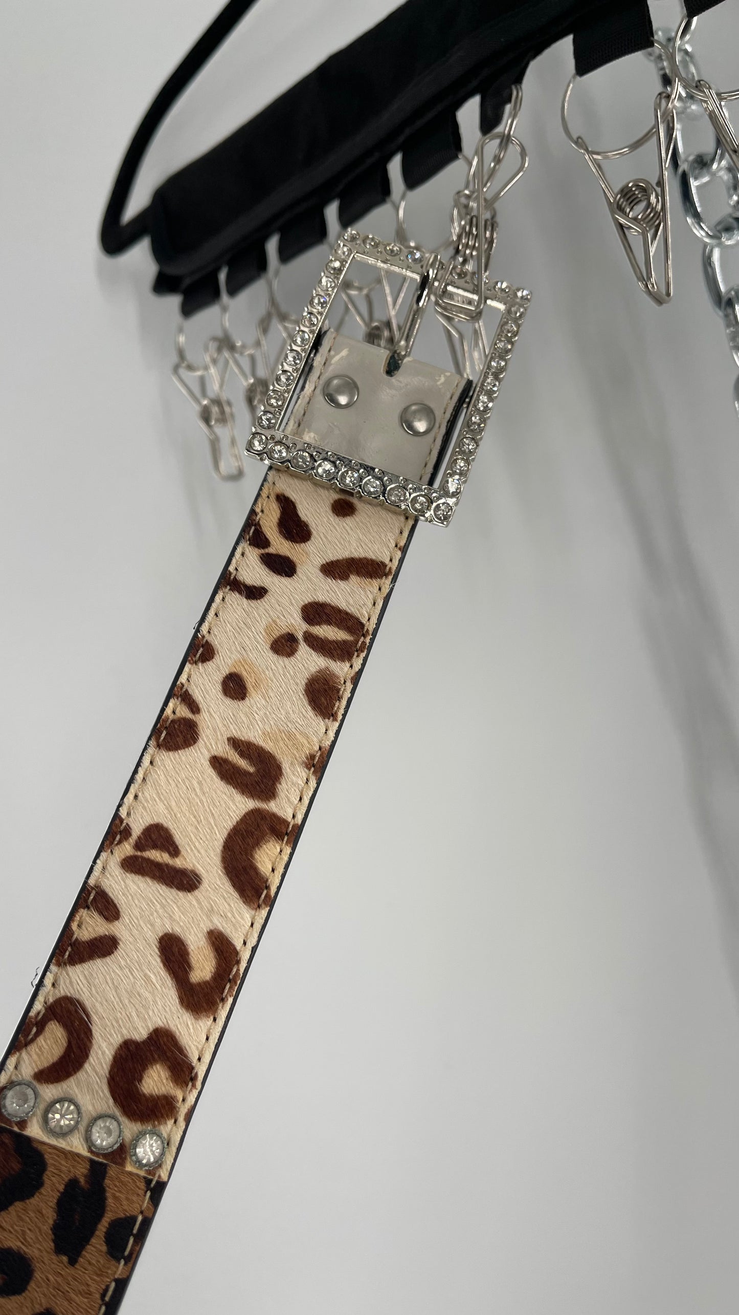 Vintage Pony Fur Animal Print Patchwork Belt with Rhinestone Buckle and Embellishments (Medium)