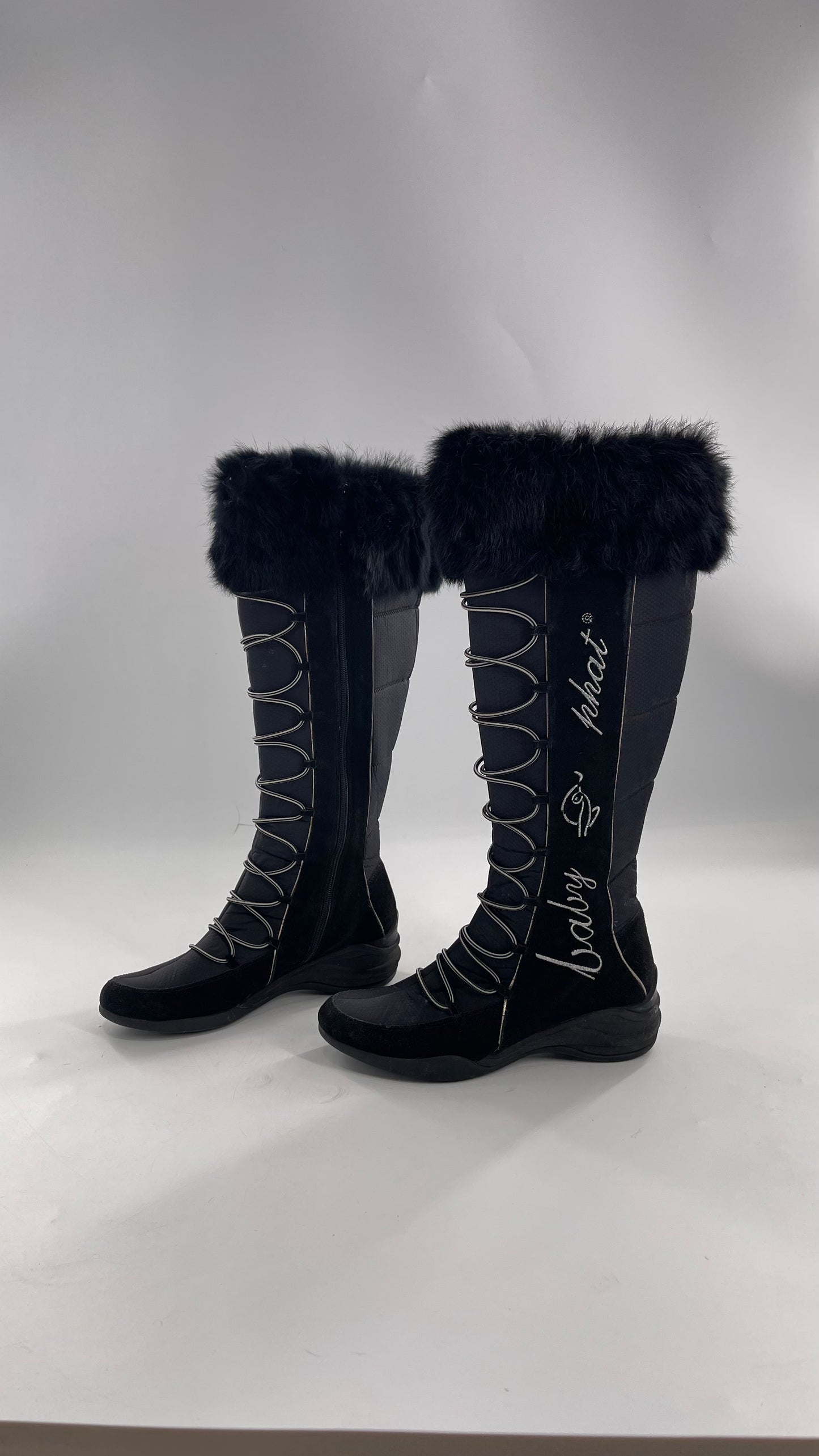 Baby Phat Black Knee High Boots with Rabbit Fur Trim, Bungee Cord Ties, and Embroidered Logo Design (8)