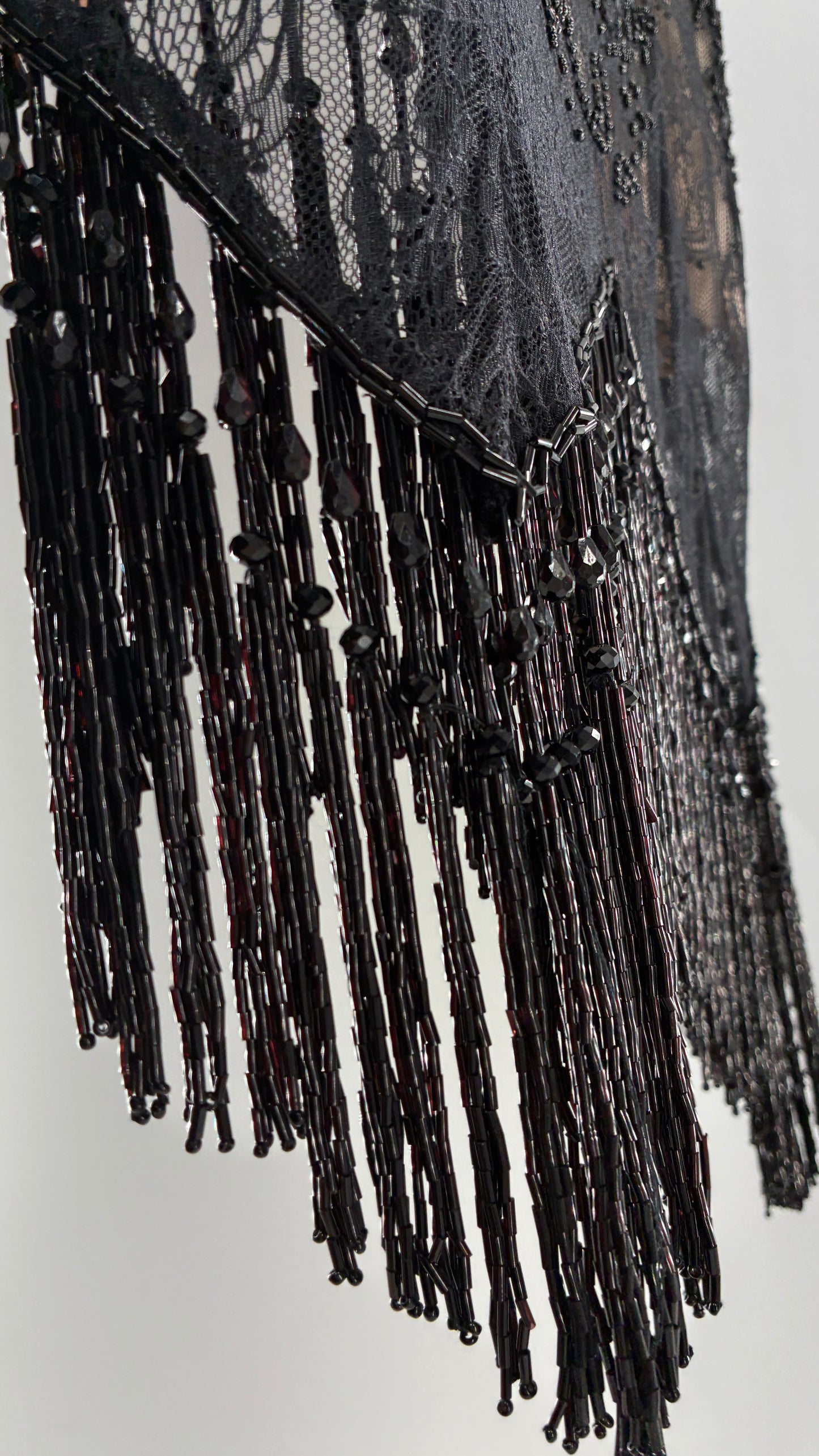 Vintage Haute Hippie Black Lace Nude Underlay Dress with Pointed Heavily Beaded Fringe Hem (2)