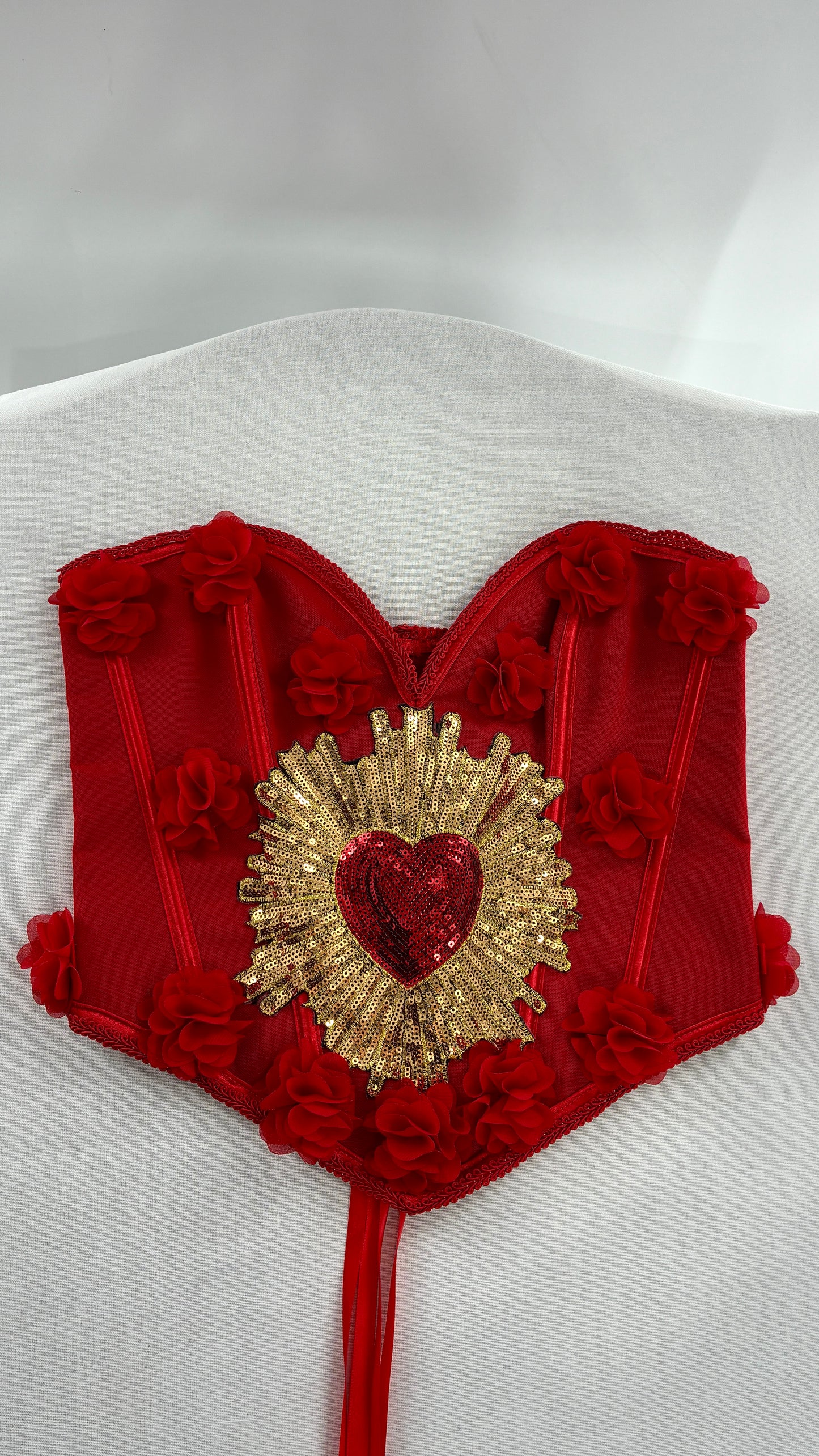 Red Handmade Corset with Rosette Appliqués and Sequin Heart Design (Small)