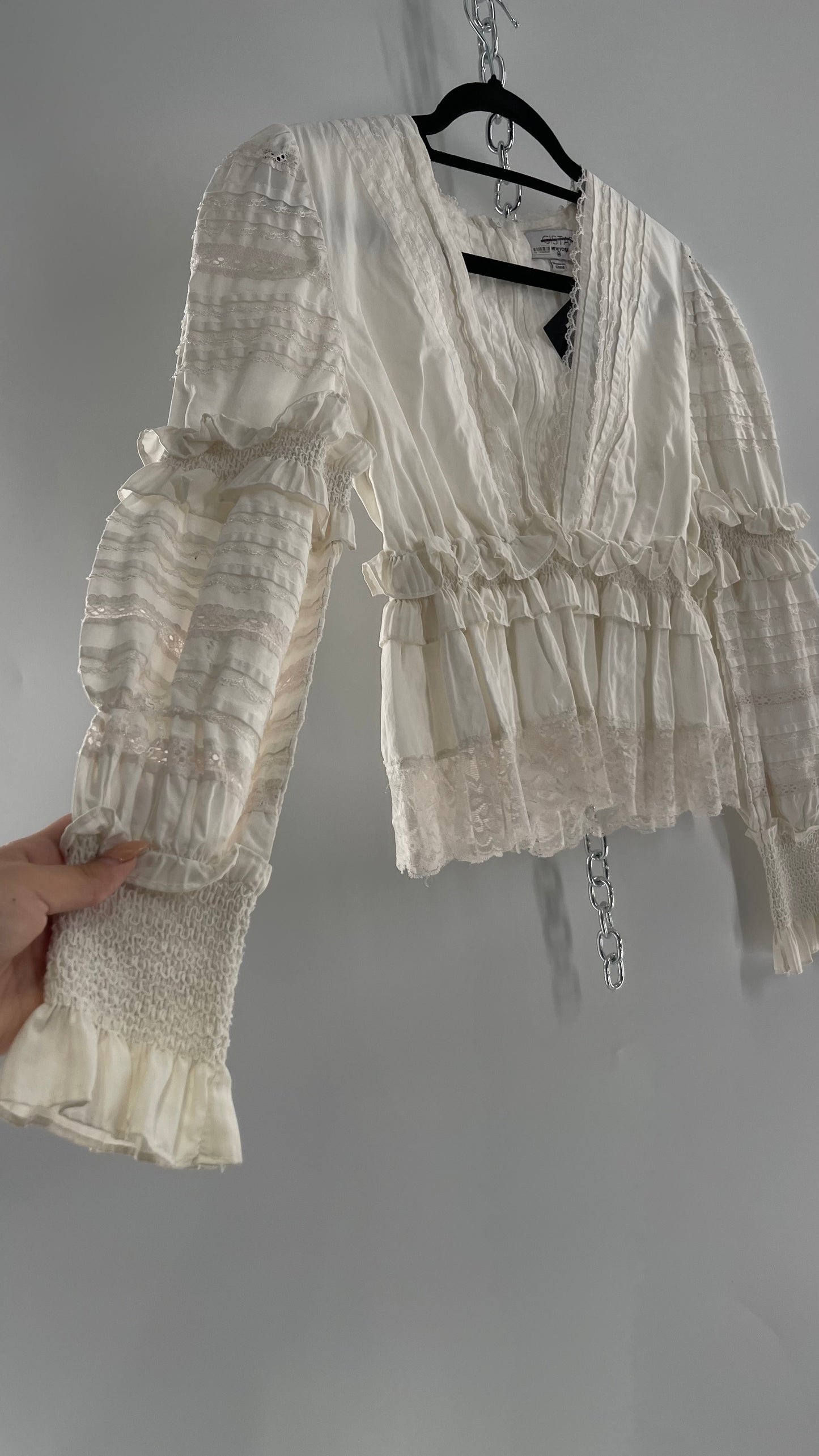 CISTAR NEW YORK White Balloon Sleeve Blouse Adorned in Delicate Ruffled and Lace (Medium)