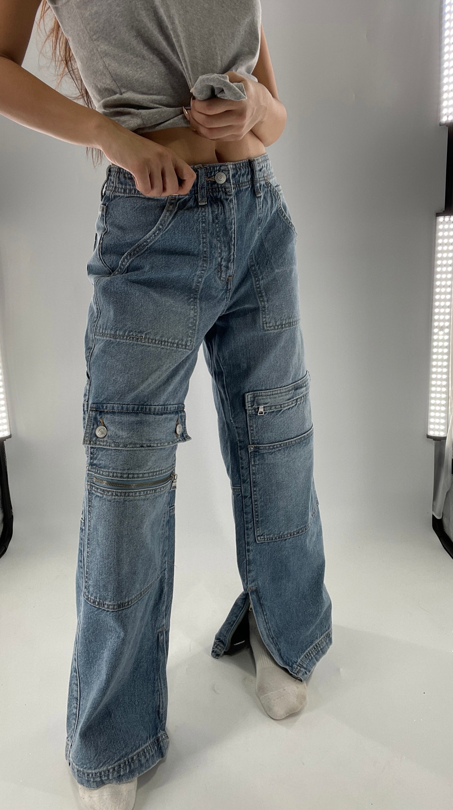 Free People Wide Leg Cargo Jeans Covered in Pockets, Zippers and stitching (27)
