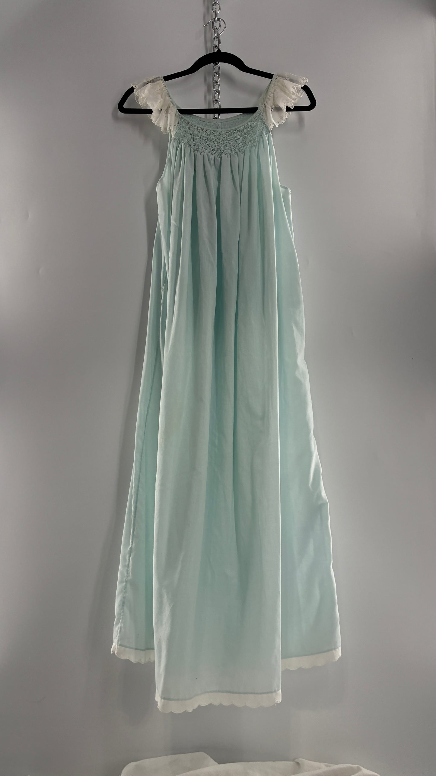 Vintage Baby Blue Nightgown Maxi with White Scalloped Lace Straps and Hem (Medium)