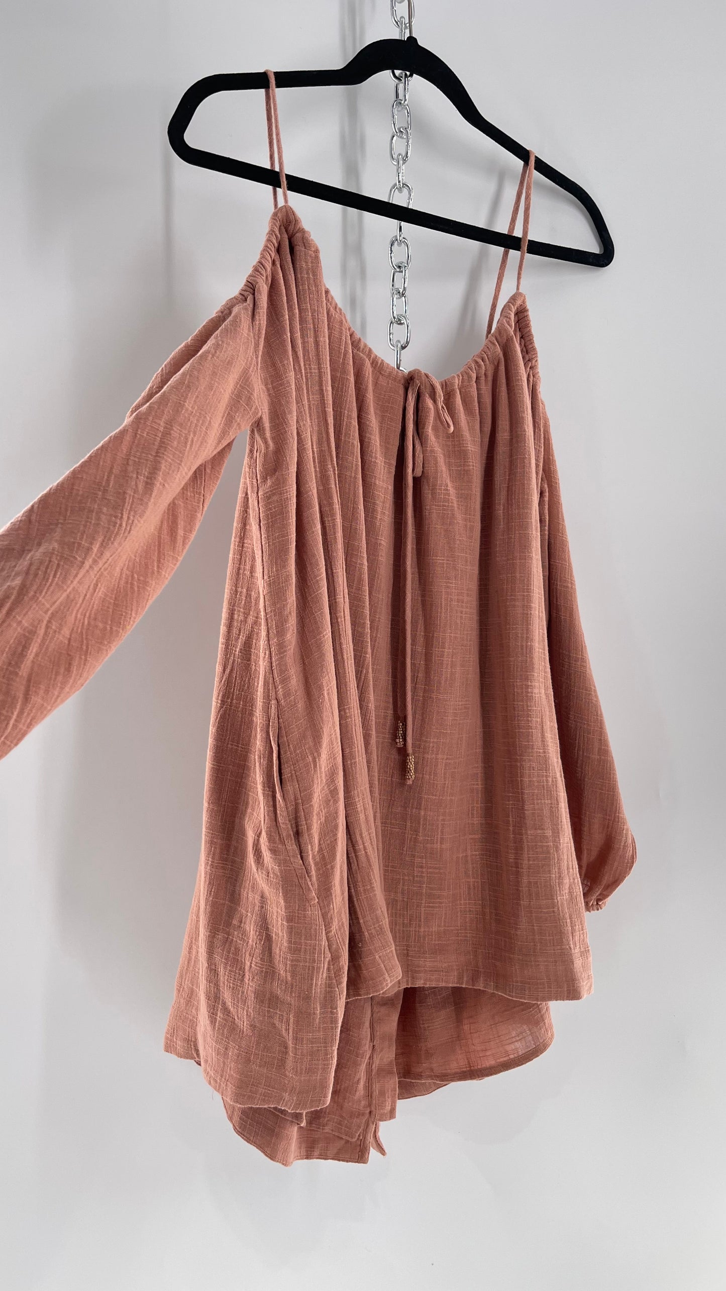 Free People Cotton Blush Pink Button Front Cold Shoulder Dress (Medium)