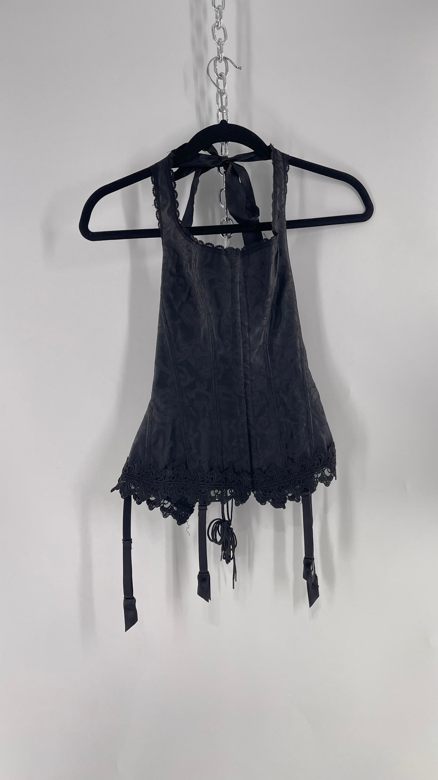 Vintage Fredericks of Hollywood Black Satin Brocade Lace Corset with Lace Tie Halter (32)