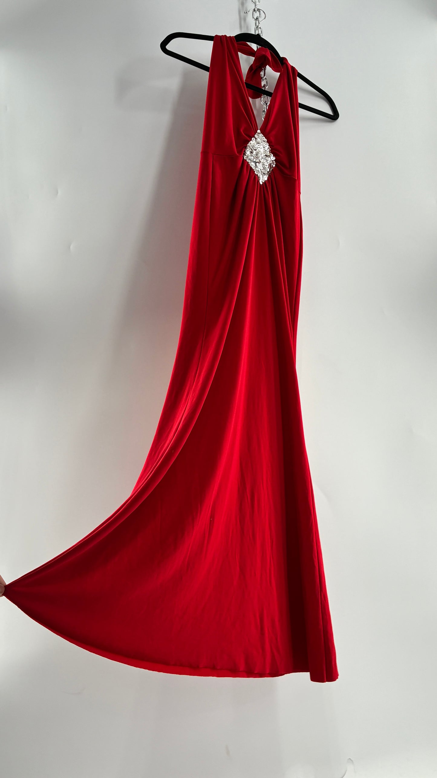 Vintage SYMPHONY Lycra Red Halter Full Length Dress with Sequin Bust Detail (Small)