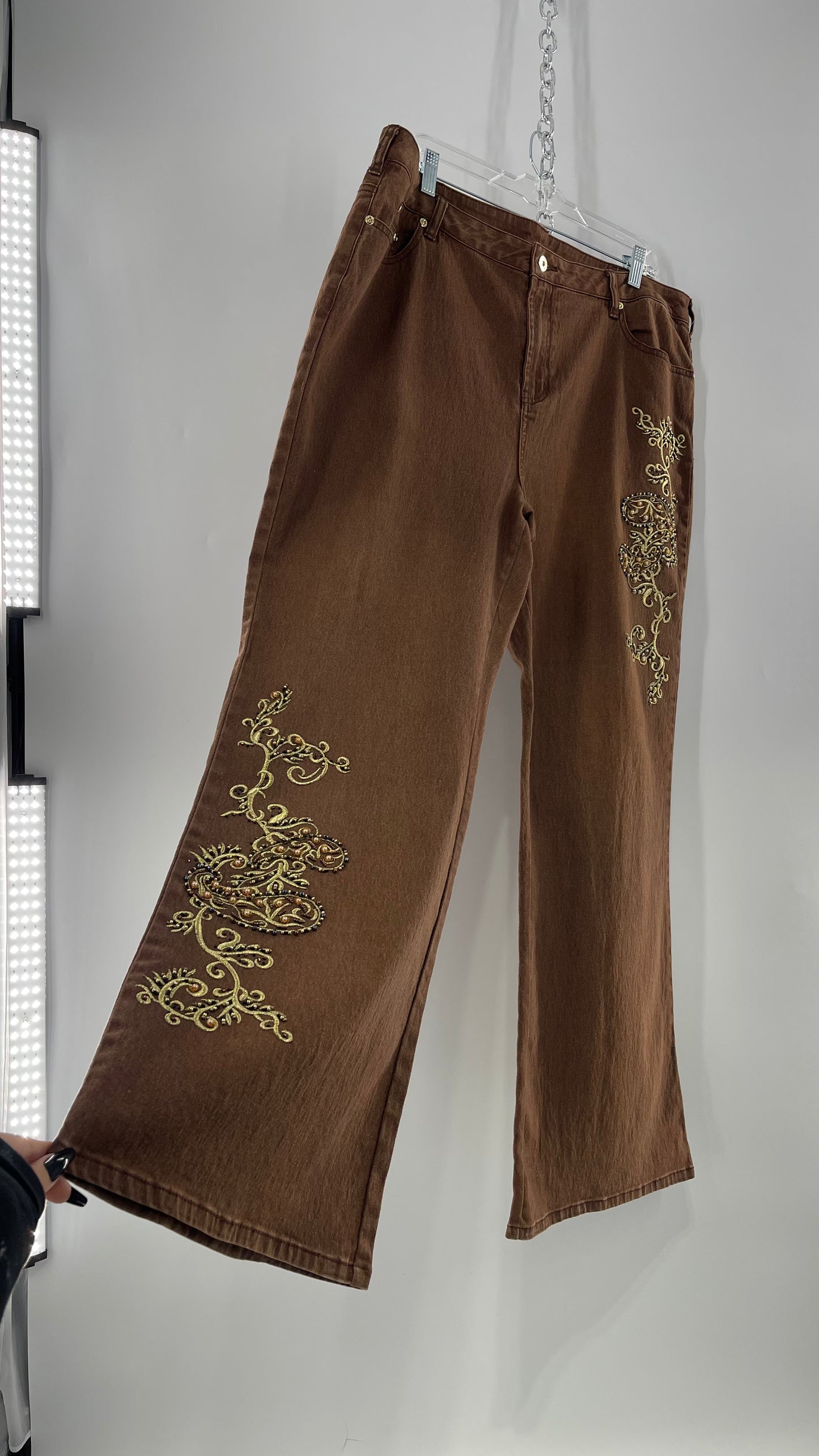 Vintage Midnight Velvet Embroidered + Beaded Brown Flares (18W)