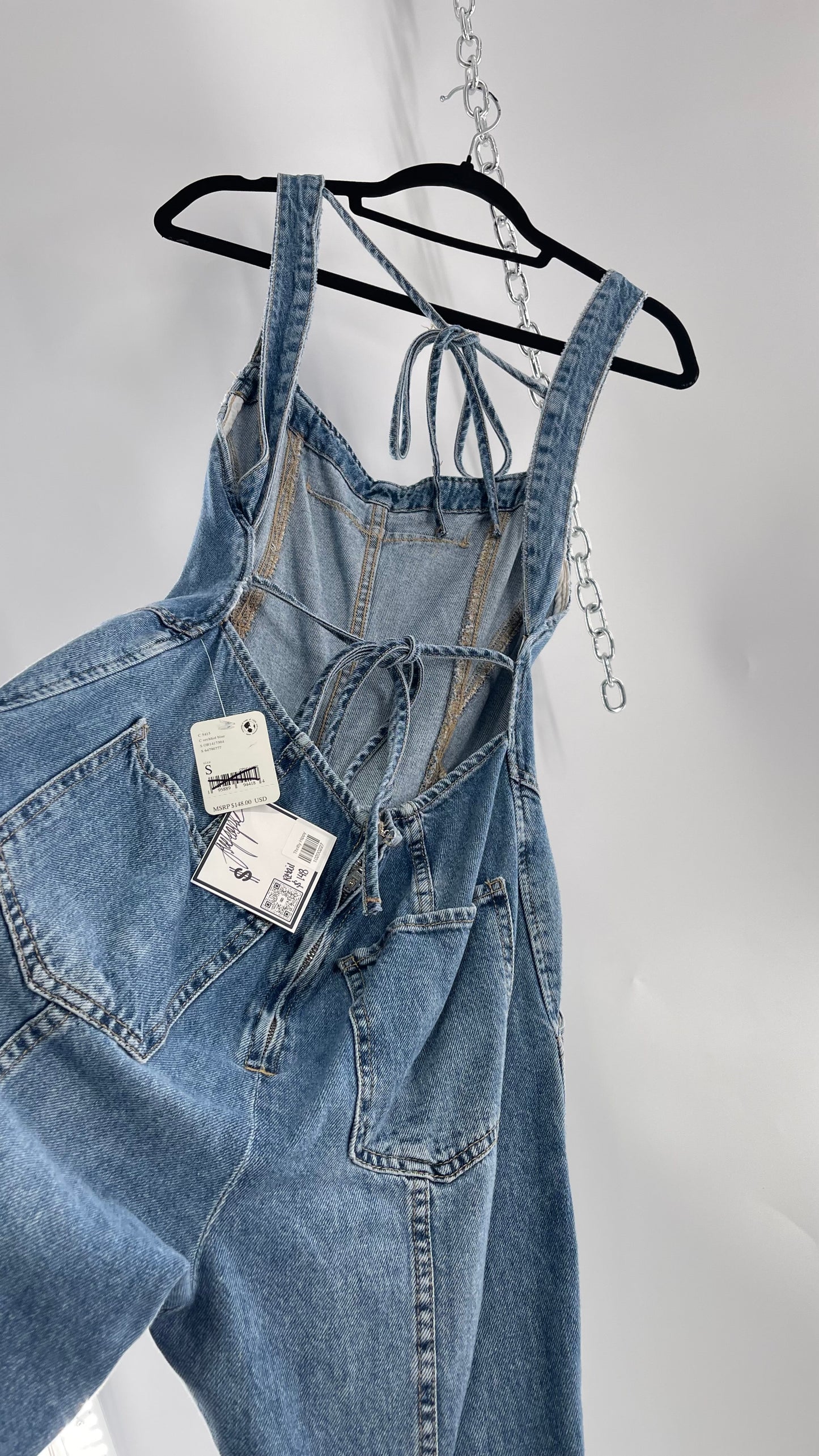 Free People Denim Backless Wide Leg Jumpsuit with Tags Attached (Small)