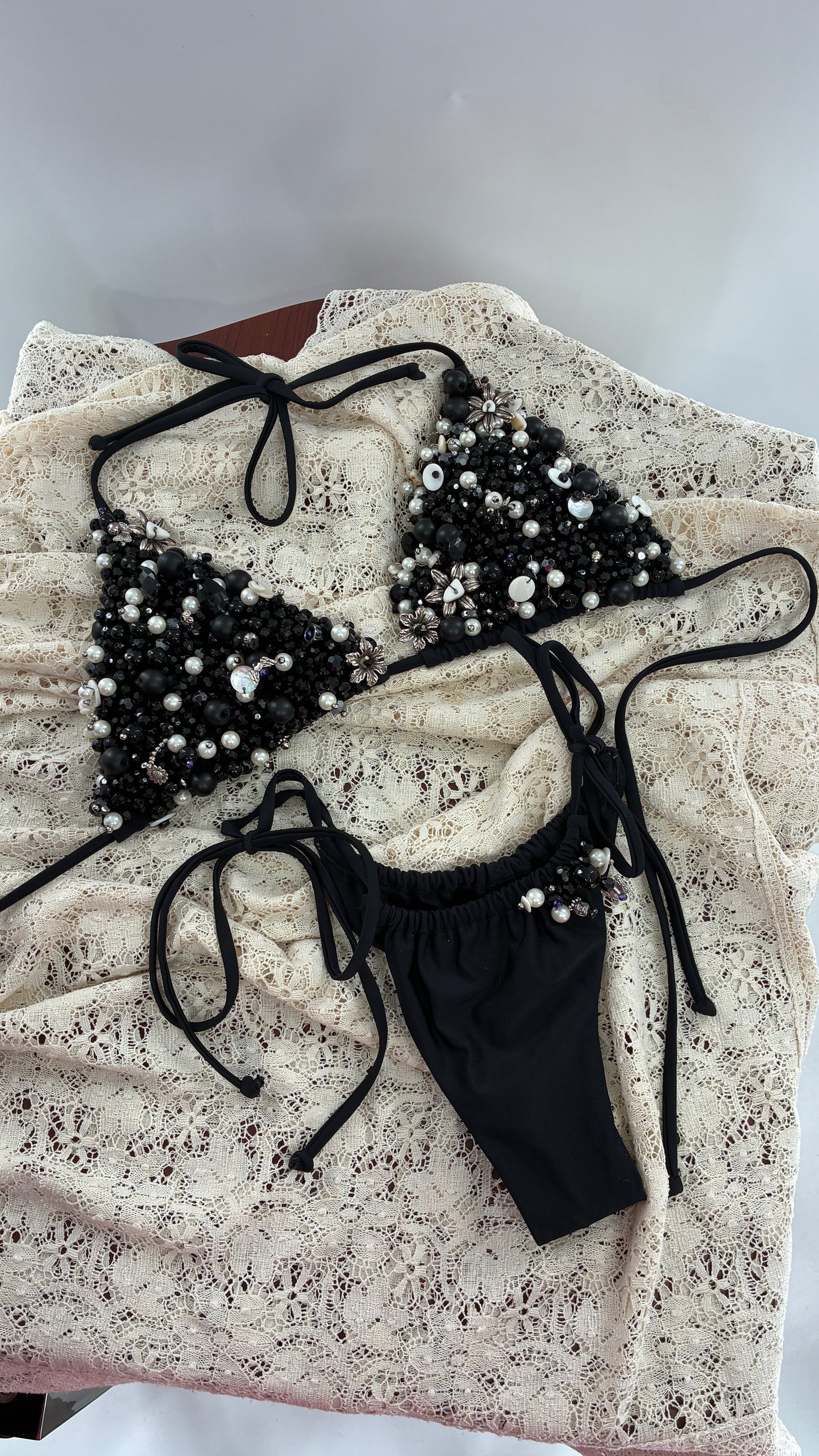 CUSTOM 1/1 Black Swimsuit Covered in Hand Placed and Sewn Beads, Charms, and Gems (MEDIUM)