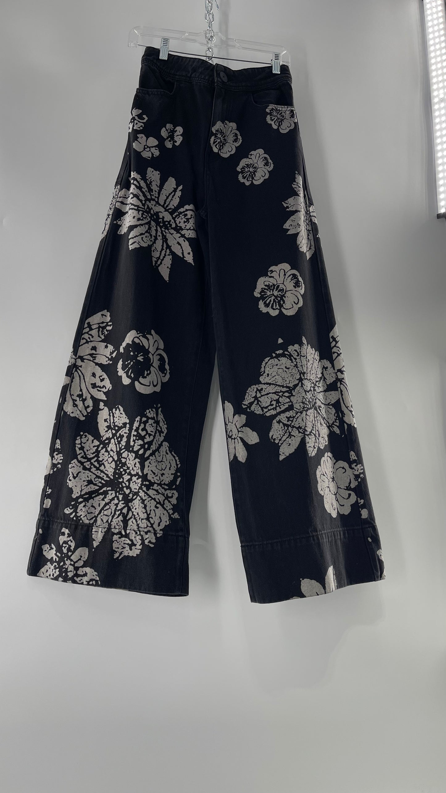 Free People Black Wide Leg Jeans with White Hibiscus Floral Design (29)