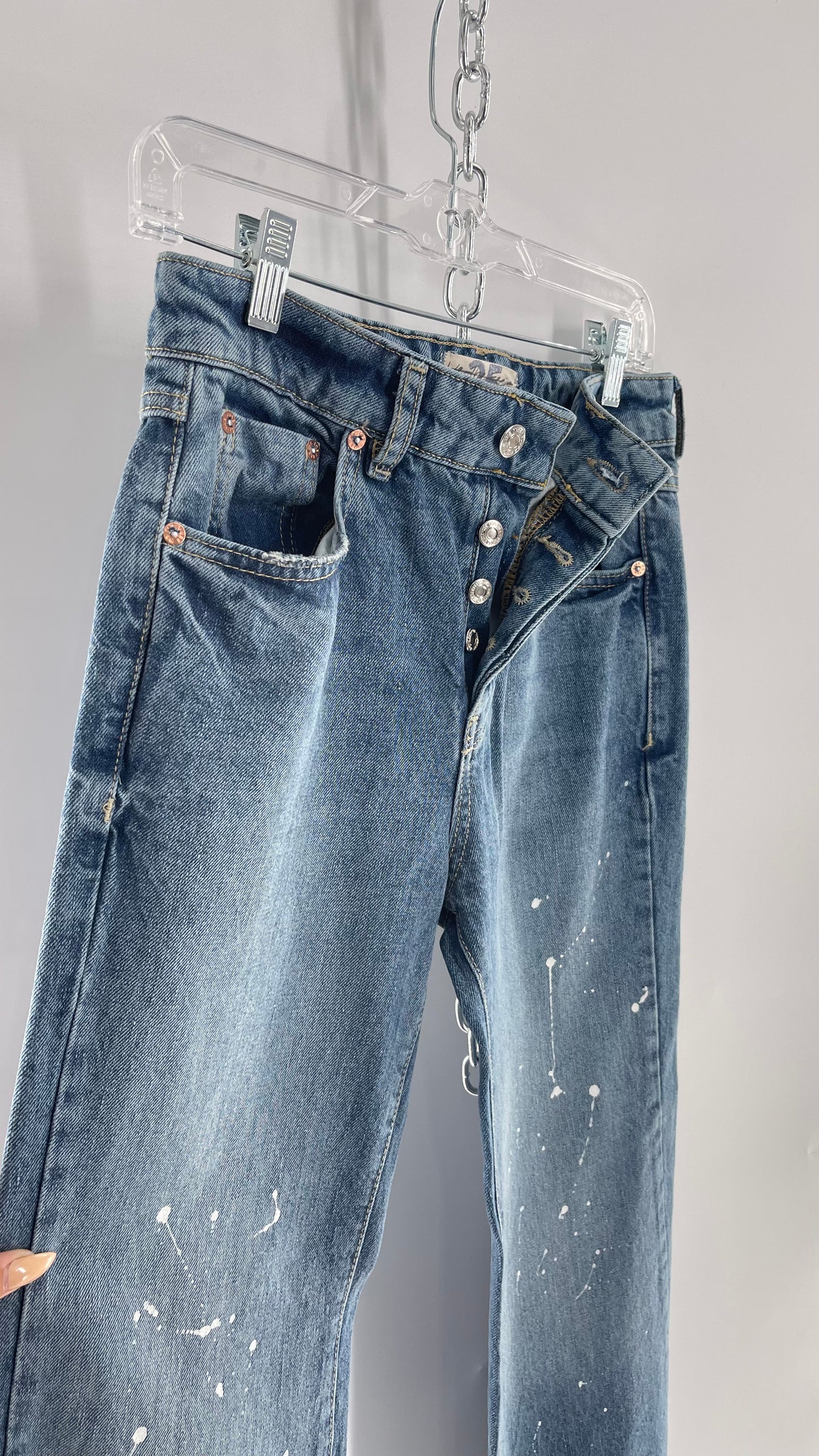 Free People Light Wash Straight Leg Jeans with Distressed Hem, Double Pockets and White Paint with Tags Attached (25)
