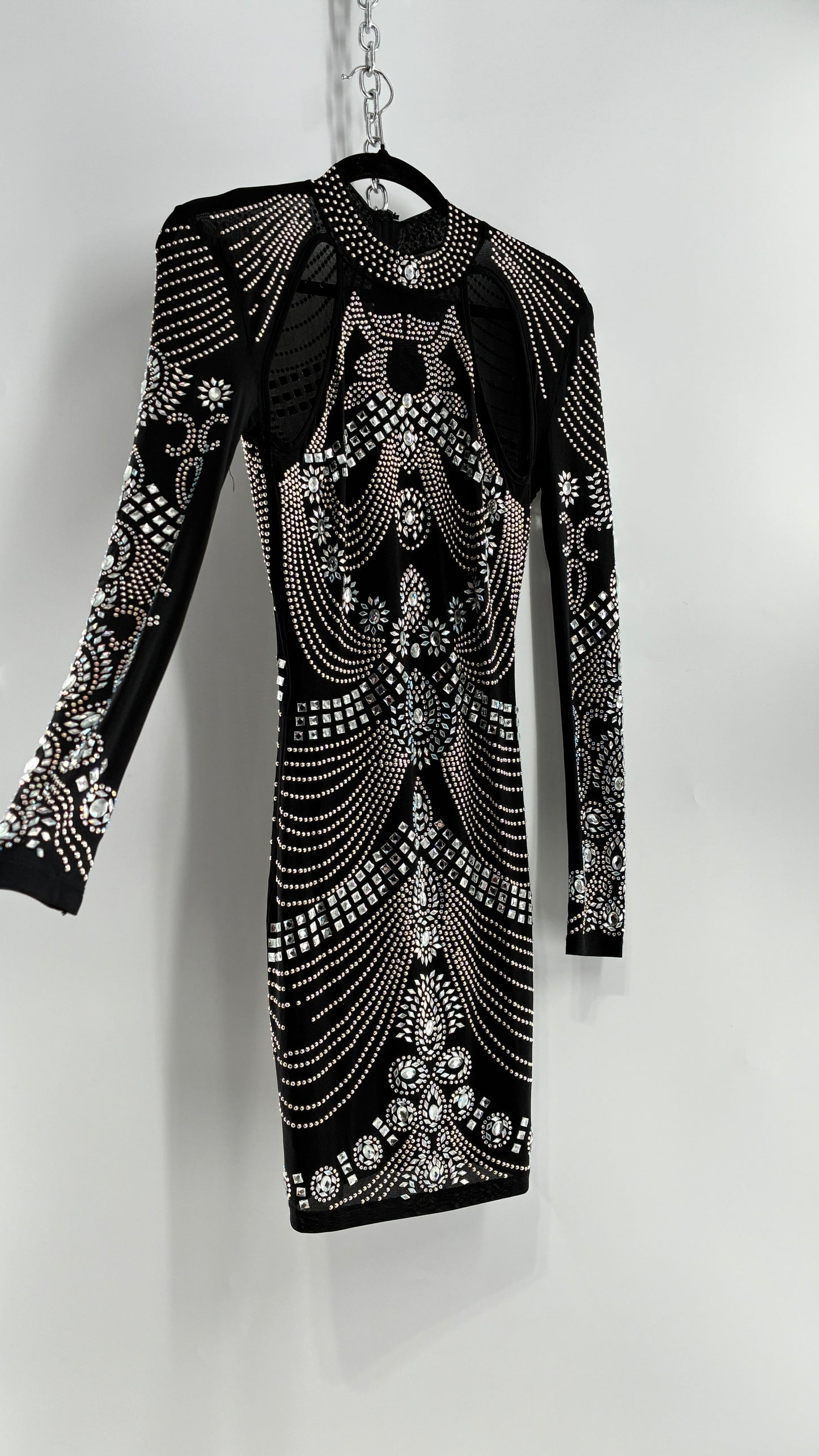 Black Bedazzled Mini Dress with Cut Out Details Covered in Gems (Small)