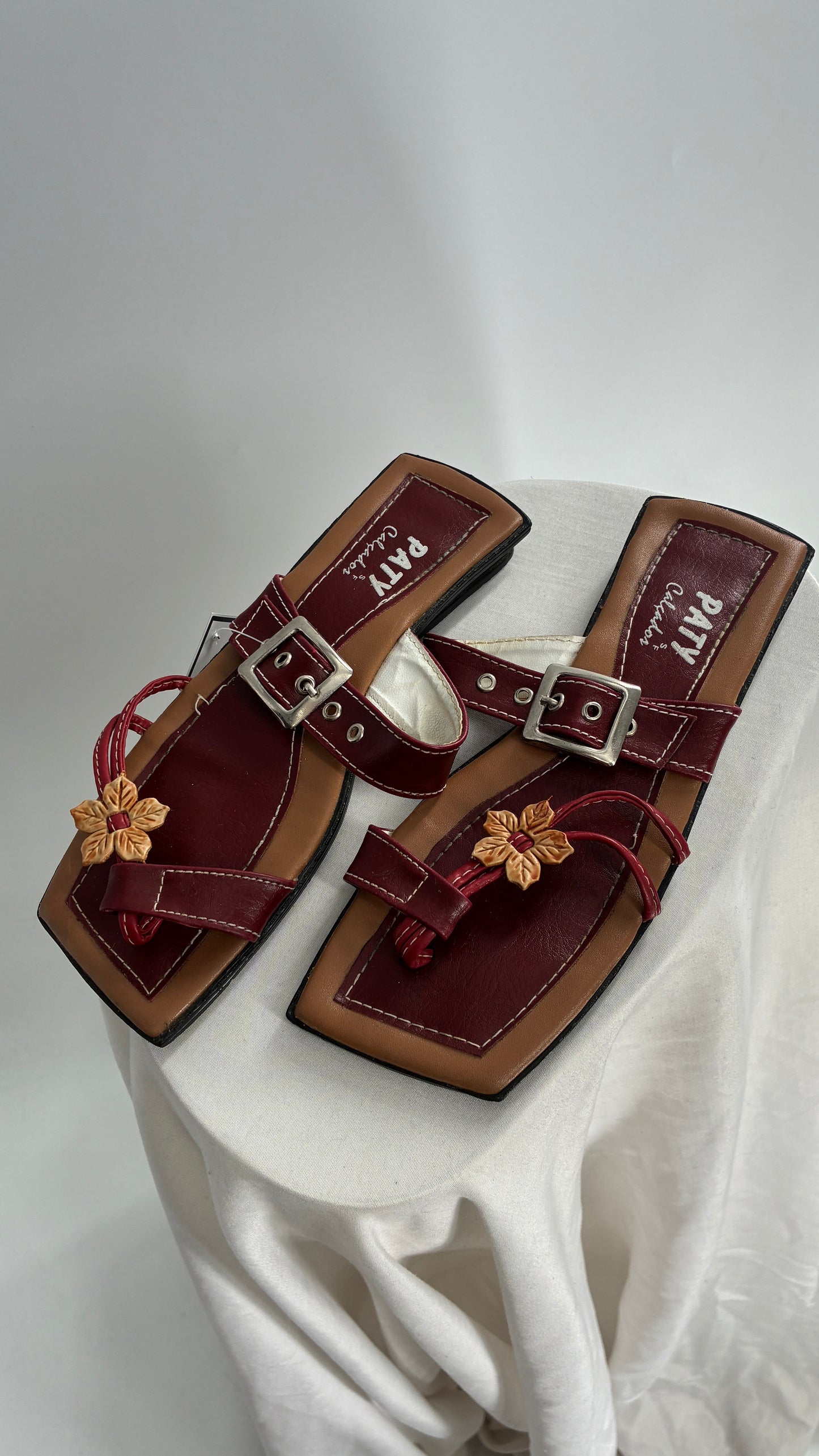 Vintage Burgundy Leather, Square Toe, Made in Brazil Sandals with Metal Buckle Strap (36)