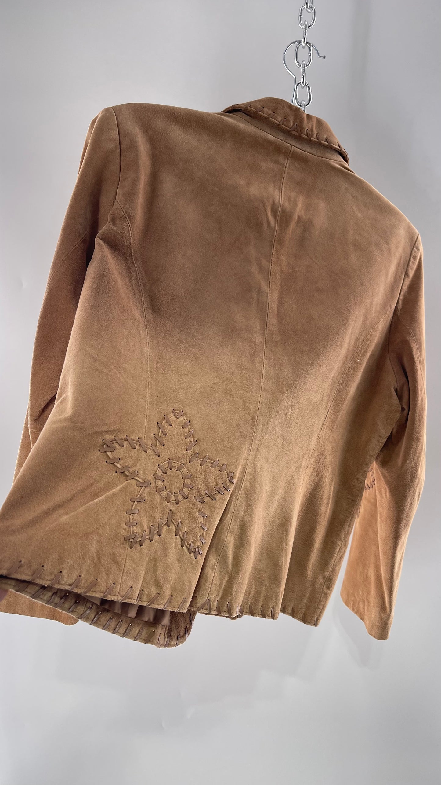 Vintage Rare Light Brown Genuine Suede Blazer with Embroidered Suede Flower and Contrasting Thick Leather Stitching (Medium)