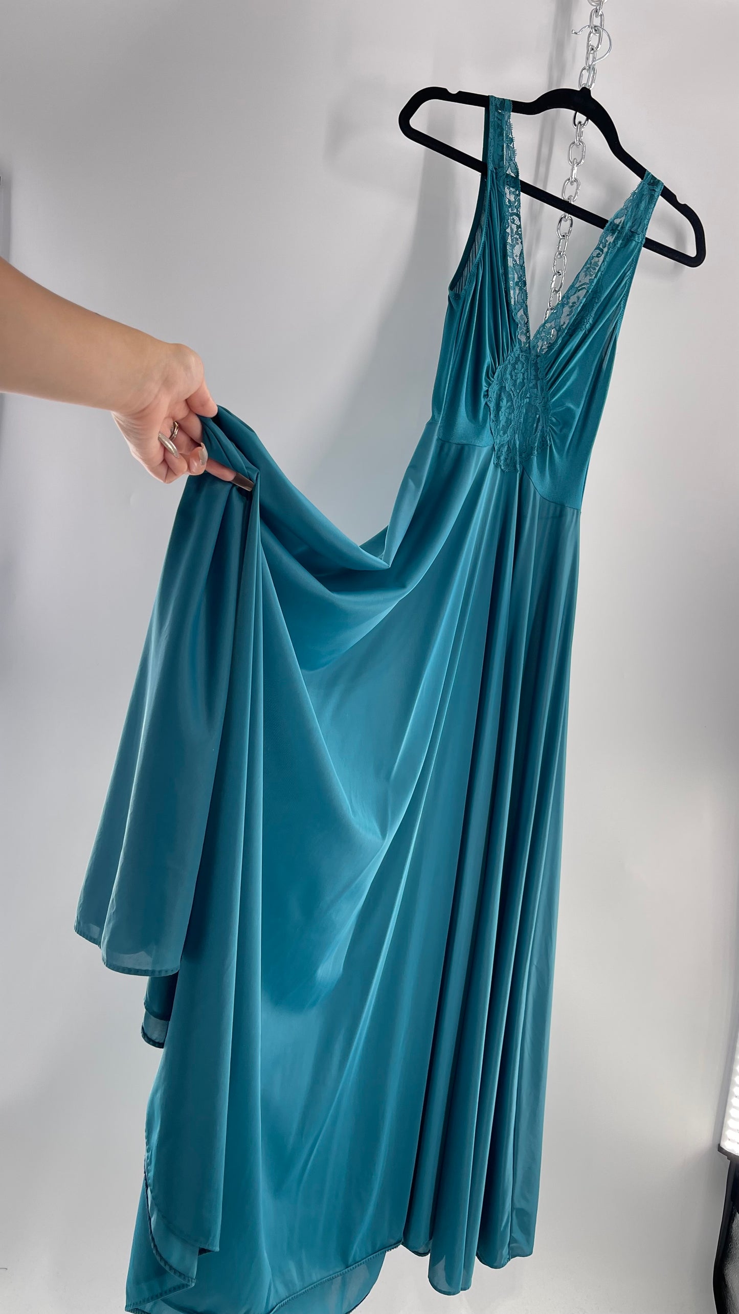 Vintage Olga Intimates Floor Length Voluminous Blue Jewel Toned Maxi Dress/Night Gown with Lace Bust (Small)