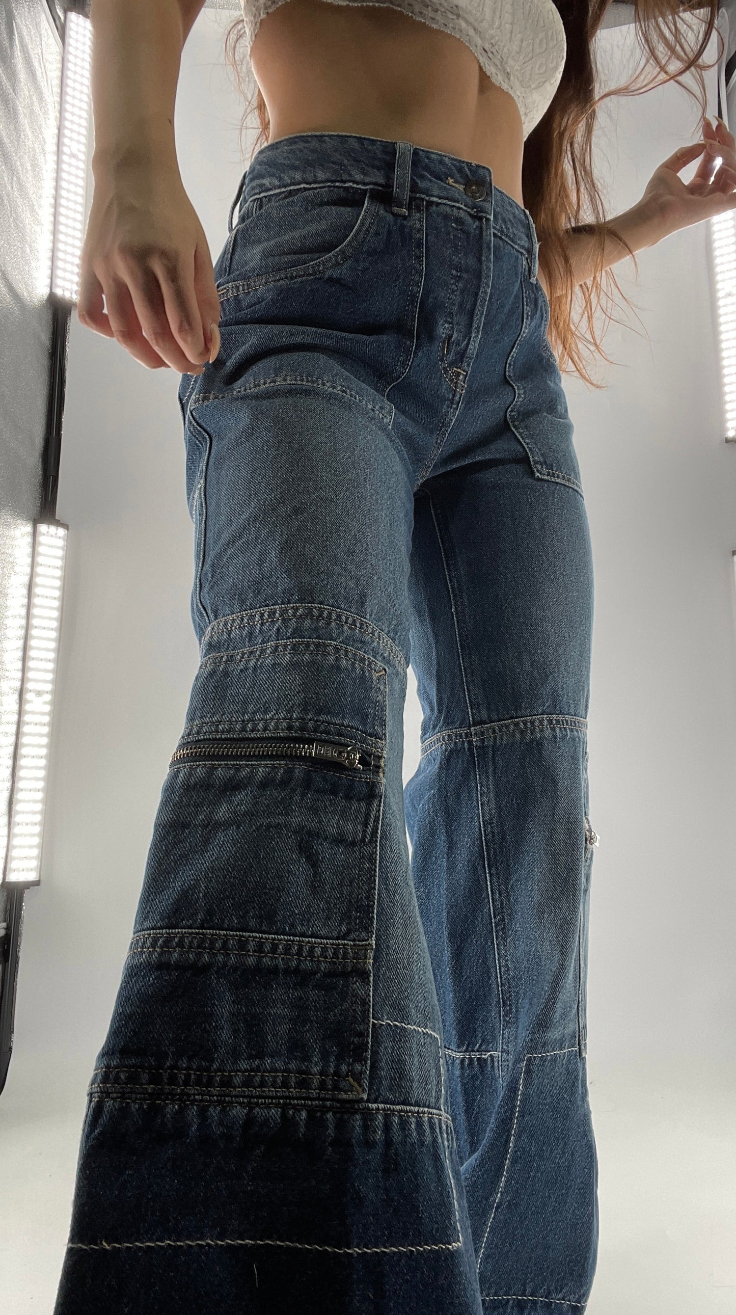Free People Medium Wash Baggy Straight Legs Jeans Covered in Zippers, Pockets, Stitching (28)
